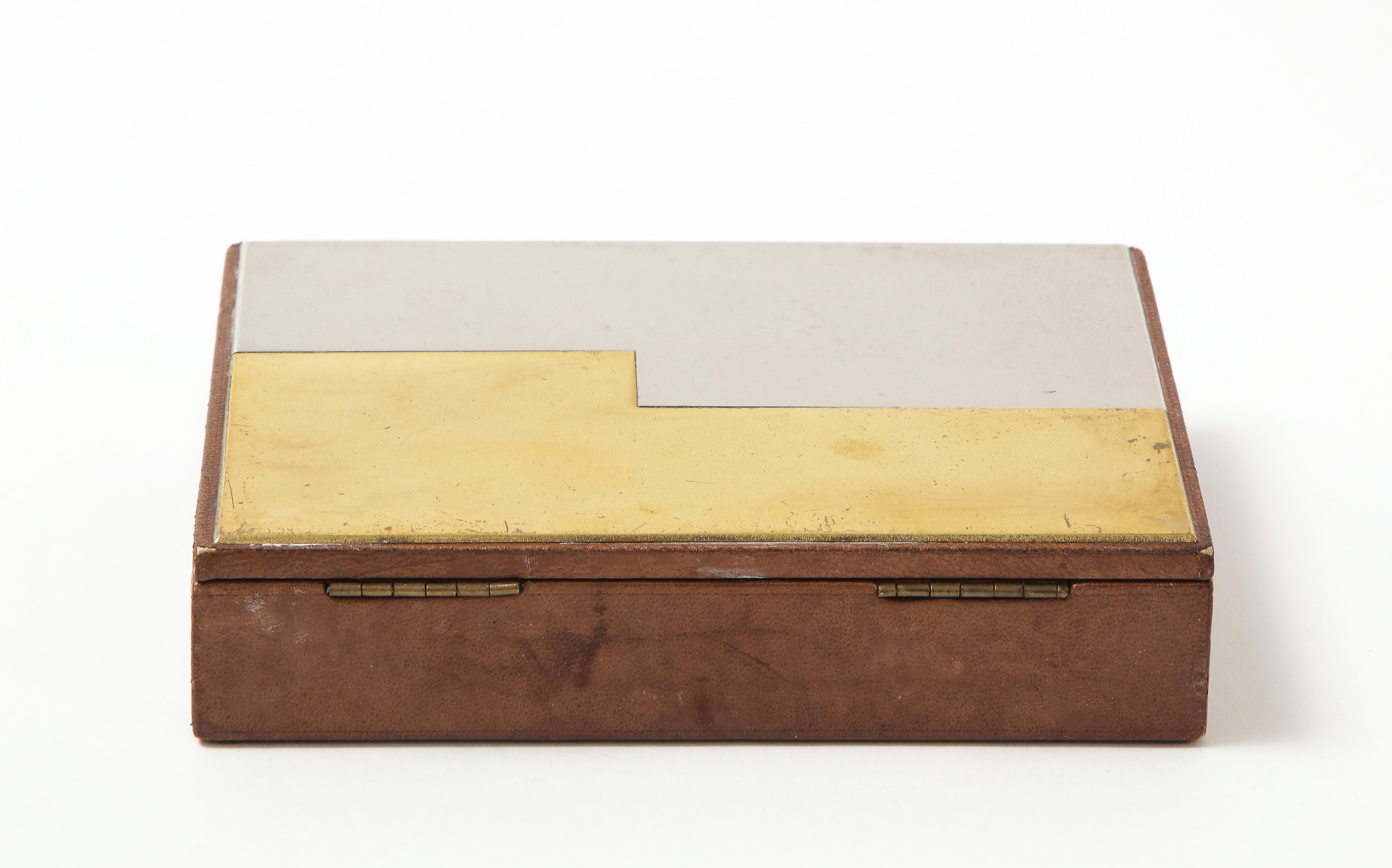 Late 20th Century Elegant Brass Stainless Steel and Leather Box, France, 1970's For Sale