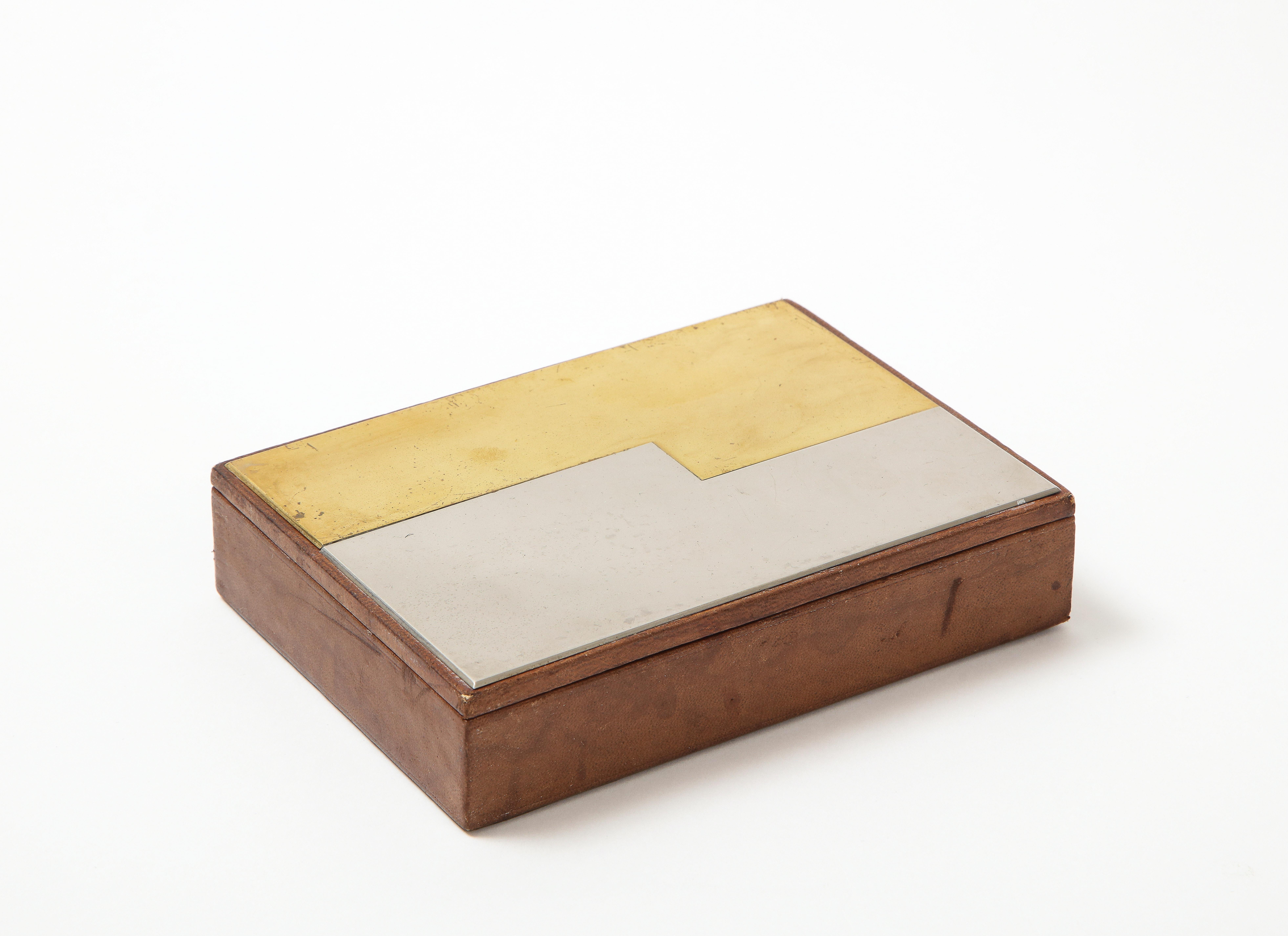 Elegant Brass Stainless Steel and Leather Box, France, 1970's For Sale