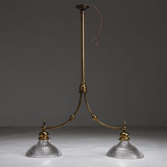 Elegant Brass Two Arm Holophane Electrolier Twin Arm
