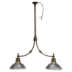Elegant Brass Two Arm Holophane Electrolier Twin Arm