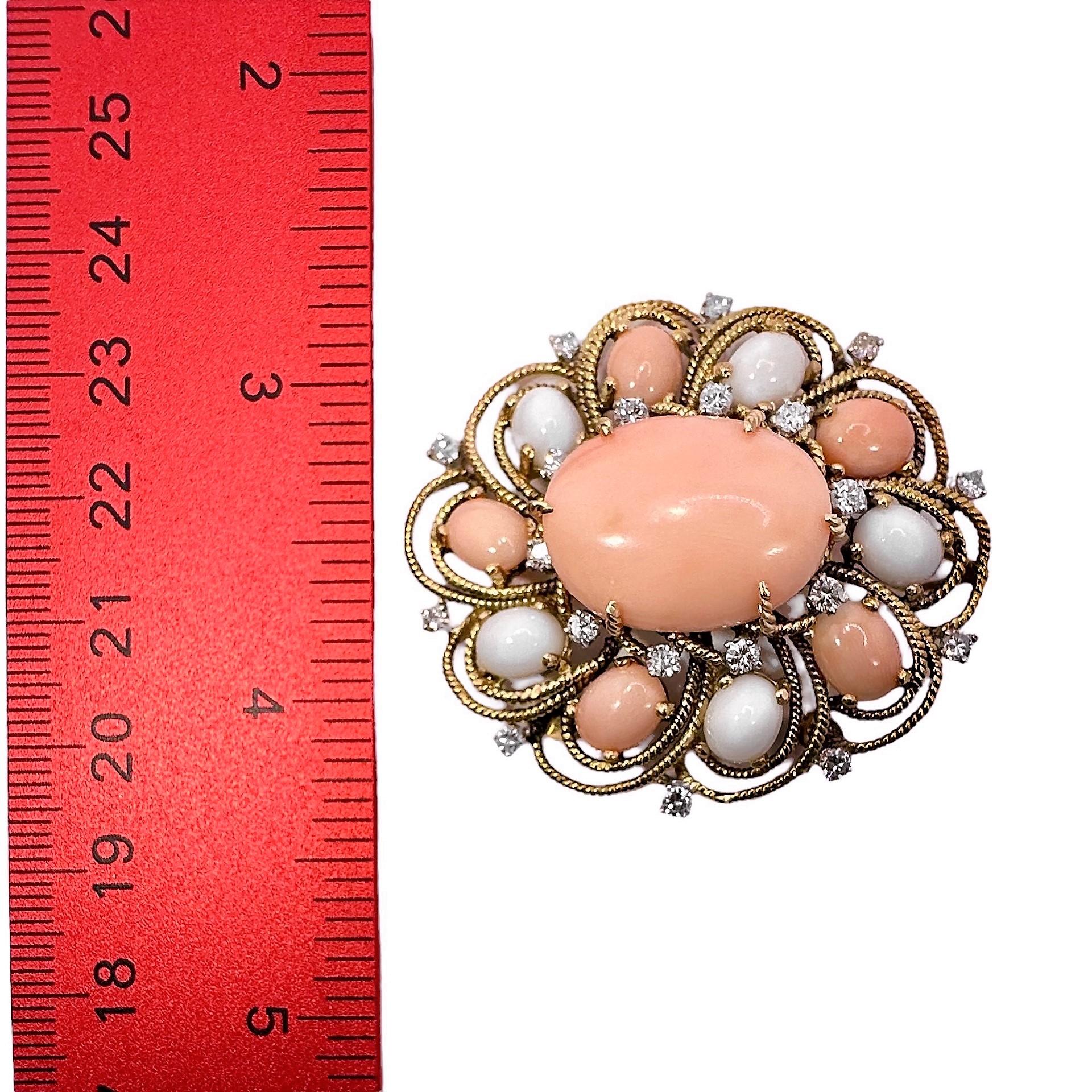 Elegant Brooch/Pendant in 18k Gold, Angel Skin Coral, White Onyx and Diamonds In Good Condition In Palm Beach, FL