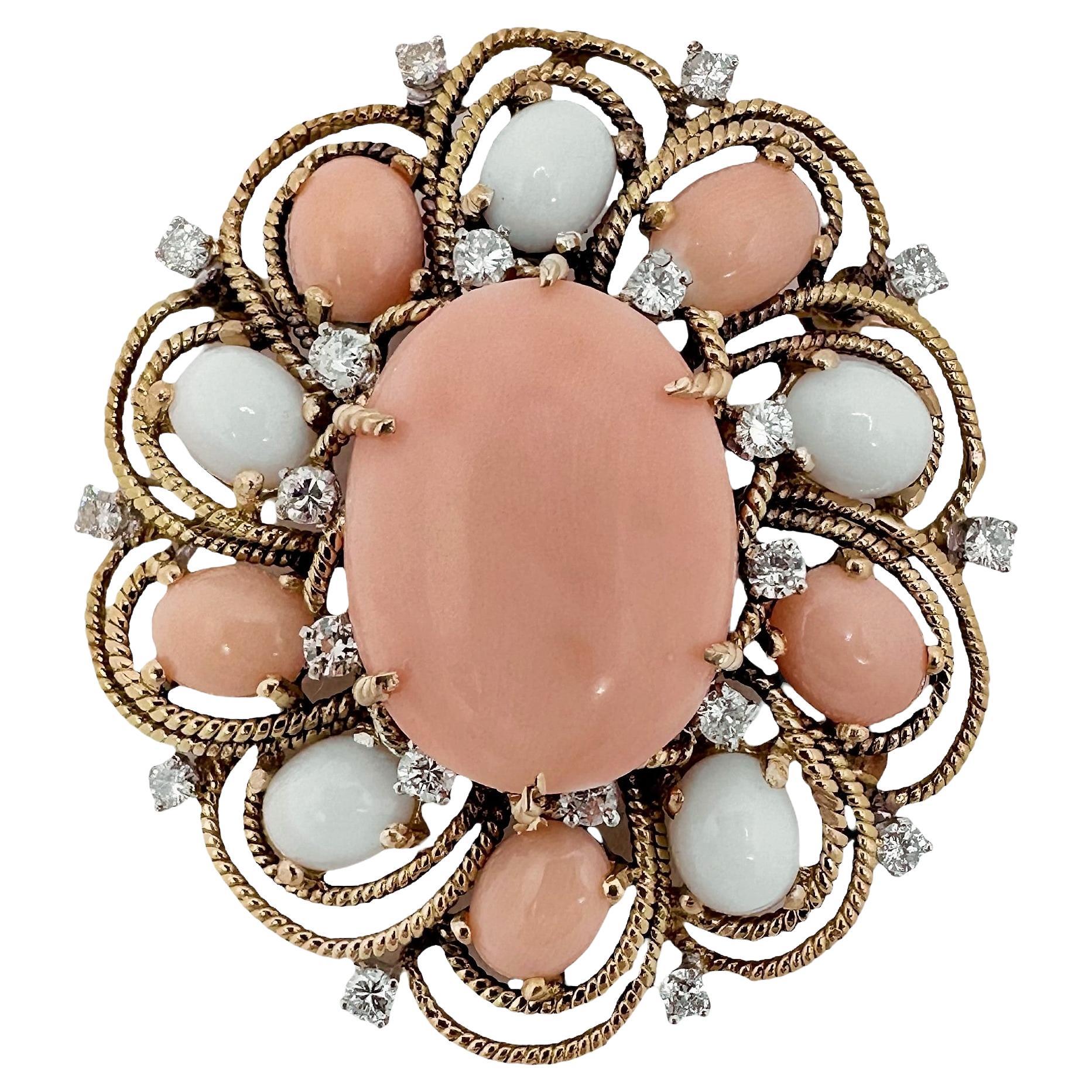 Elegant Brooch/Pendant in 18k Gold, Angel Skin Coral, White Onyx and Diamonds