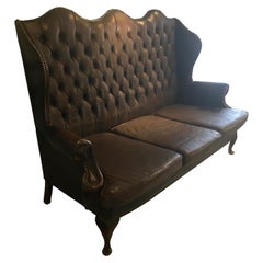 Antique Elegant Brown Leather Wingback Chesterfield Sofa, England, 1940
