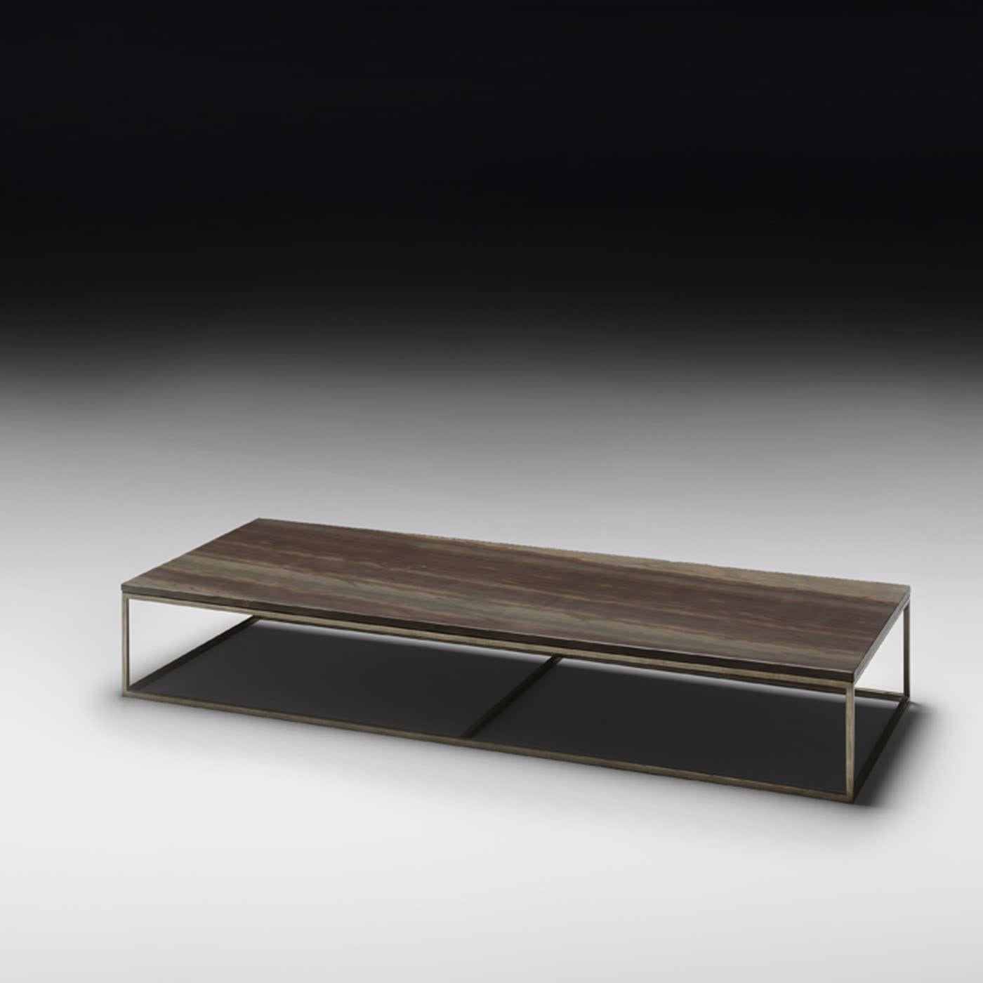 Coffee table with supporting structure in metal, matt dark bronze. Top in Elegant Brown stone, upon request it is also available with a top in Calacatta marble.