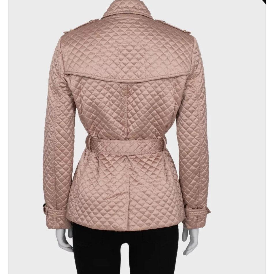 Marron Elegant Burberry Quilted Belted Jacket Size M en vente