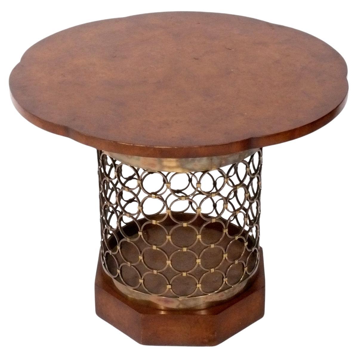 Elegant Burlwood and Brass Rings End Table Mid Century Modern Glamour Center 26d For Sale