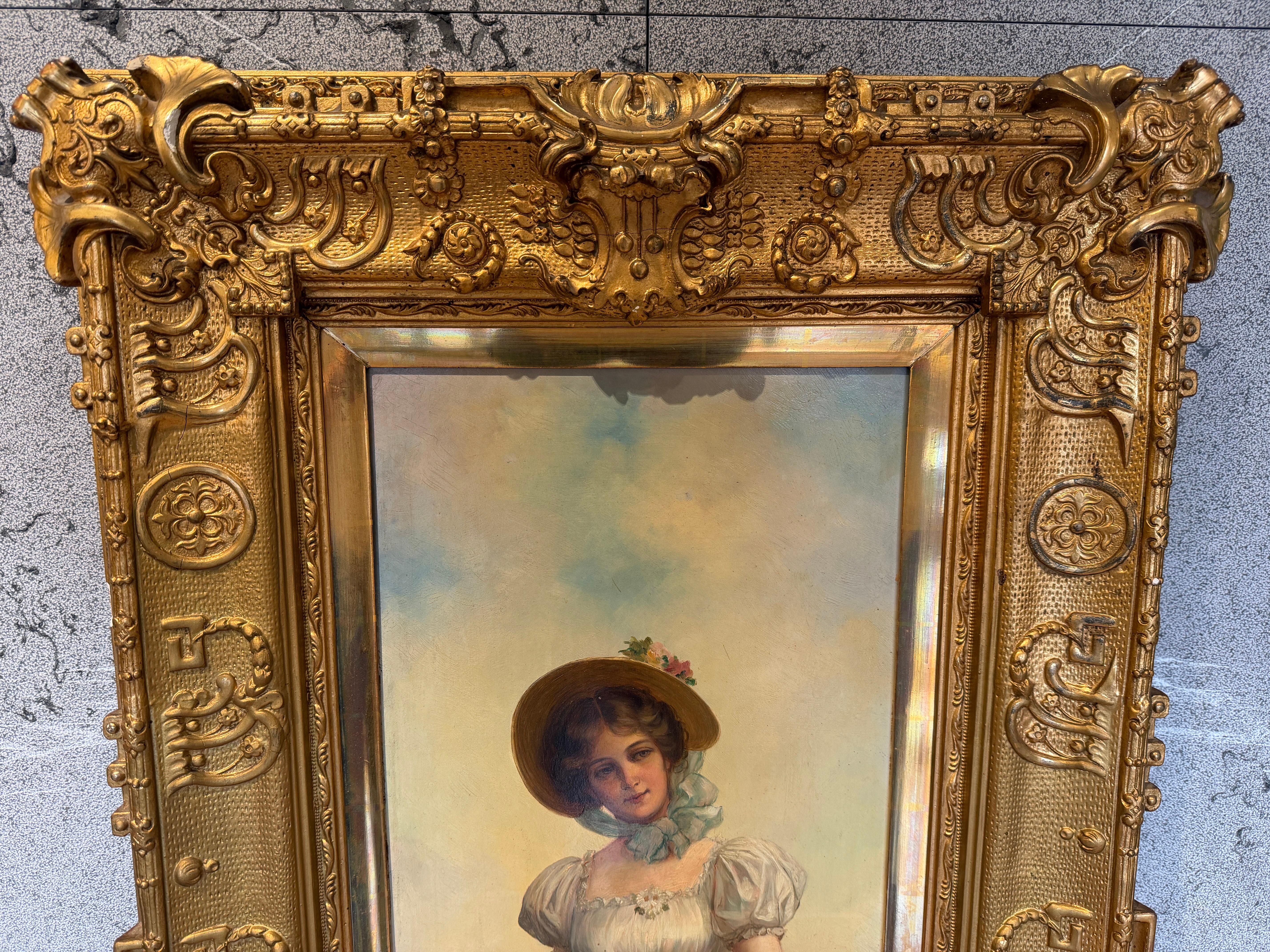 Elegant c.1880 Painting of a Lady with Magnificent Gilt Frame (Barock) im Angebot