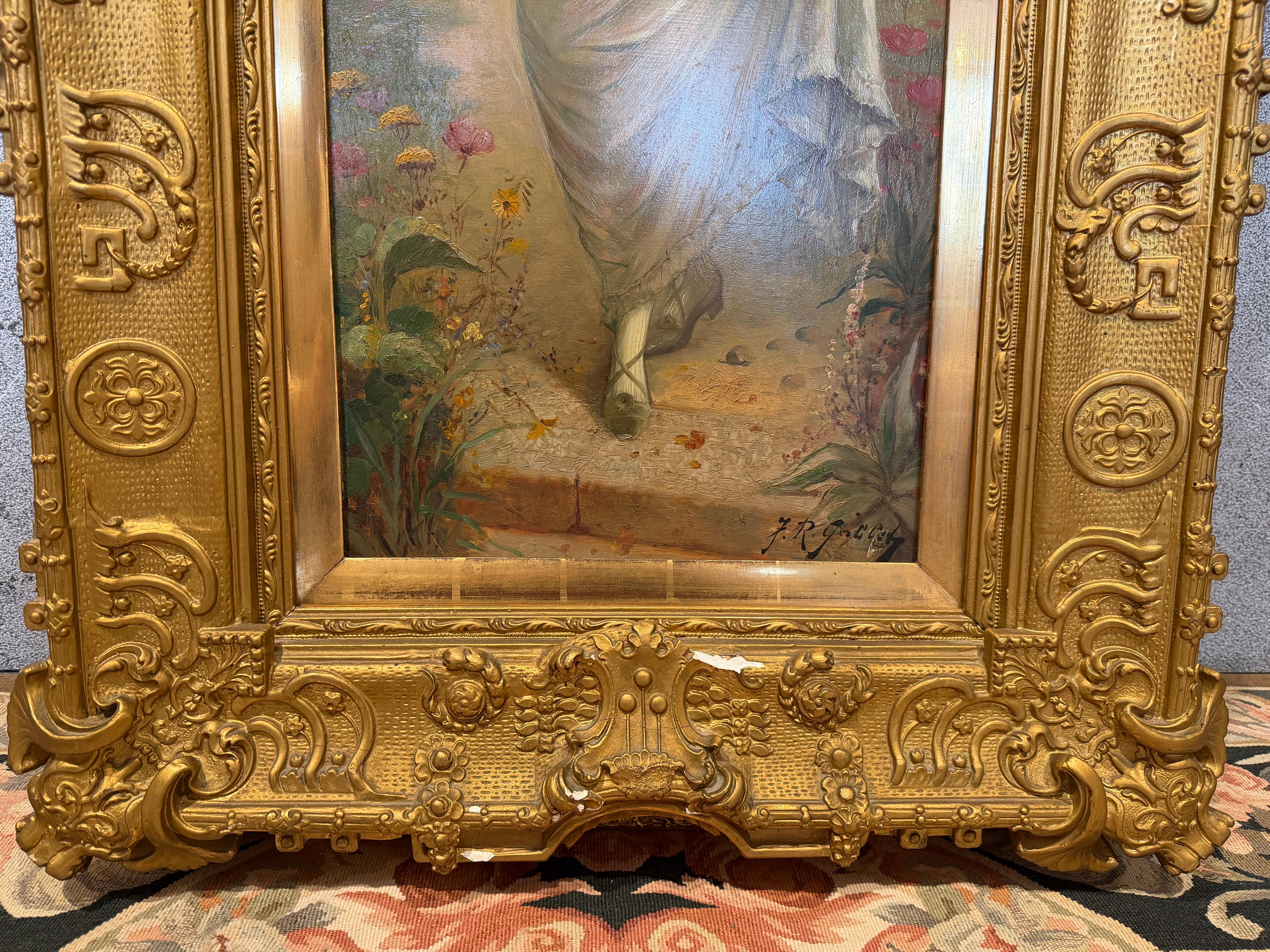Elegant c.1880 Painting of a Lady with Magnificent Gilt Frame (Holz) im Angebot