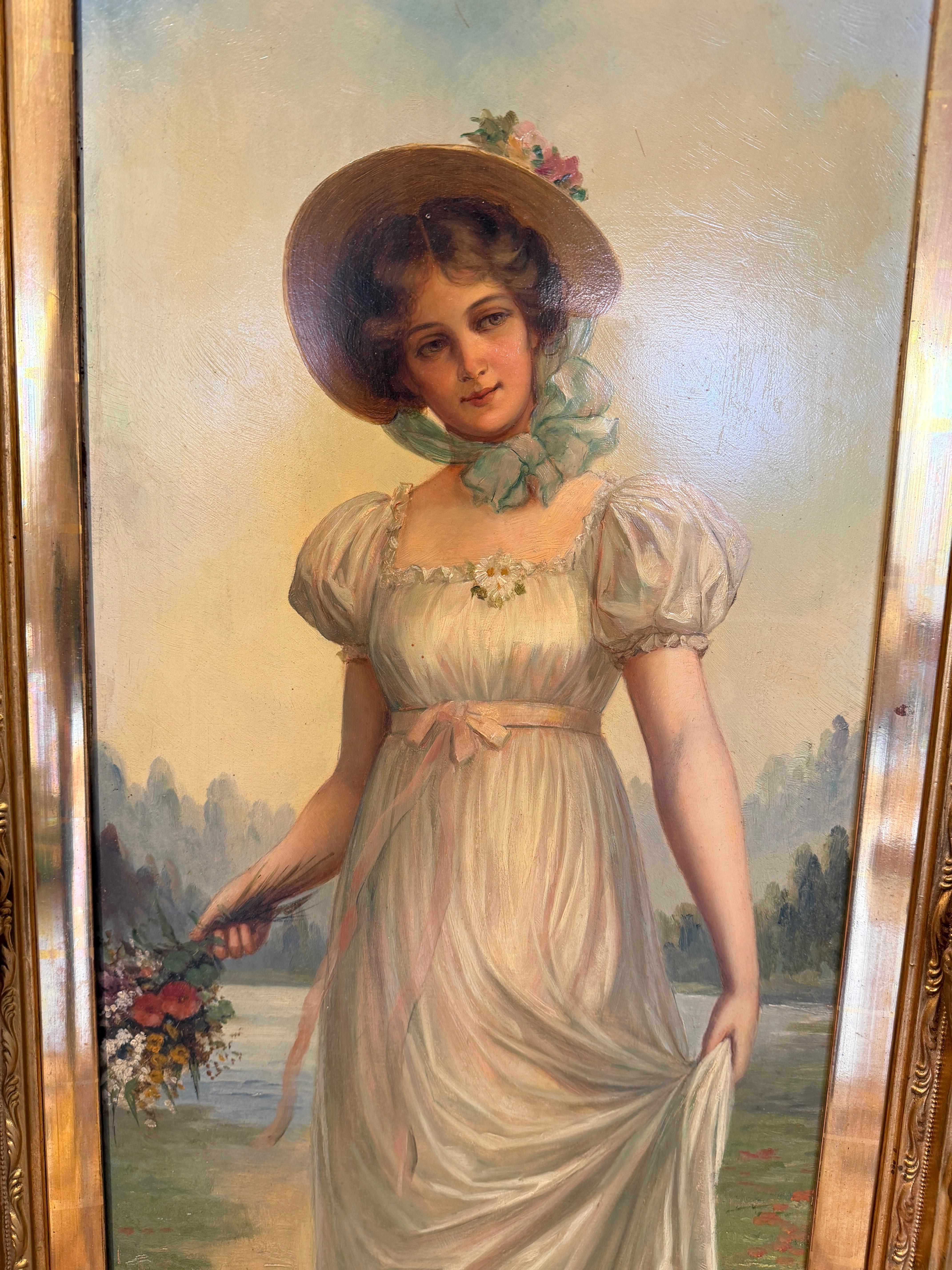 Elegant c.1880 Painting of a Lady with Magnificent Gilt Frame im Angebot 1