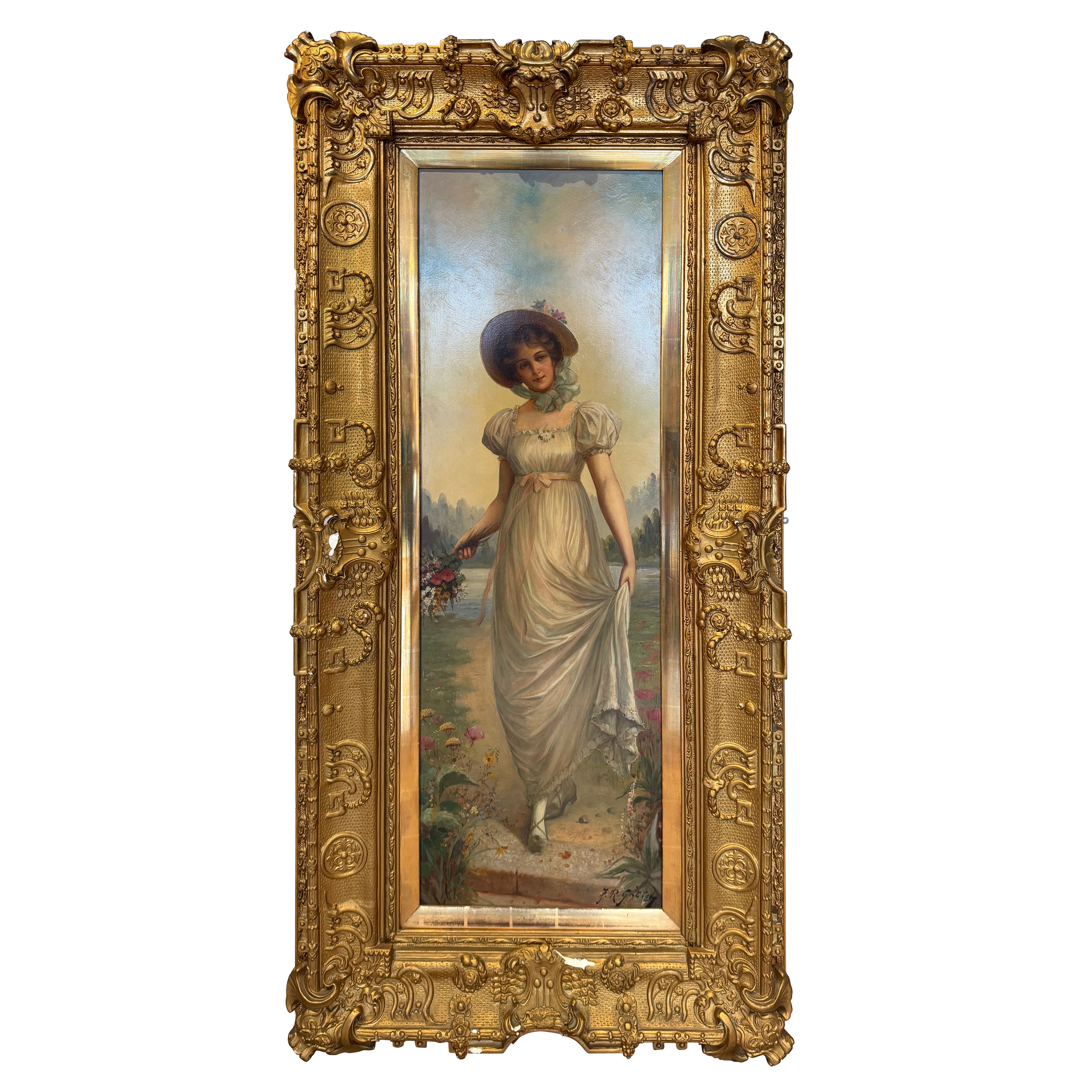 Elegant c.1880 Painting of a Lady with Magnificent Gilt Frame
