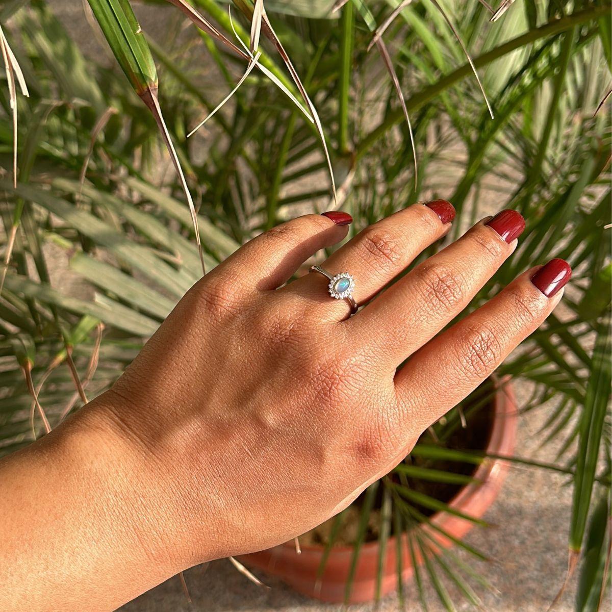 For Sale:  Elegant Cabochon Opal with Zirconia Halo Ring Mothers Day Gift in 925 Silver 2