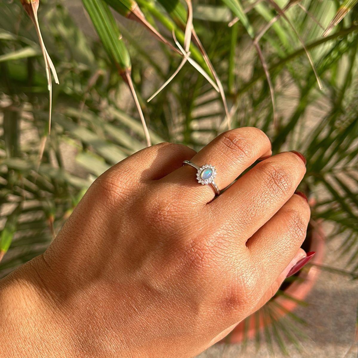 For Sale:  Elegant Cabochon Opal with Zirconia Halo Ring Mothers Day Gift in 925 Silver 4
