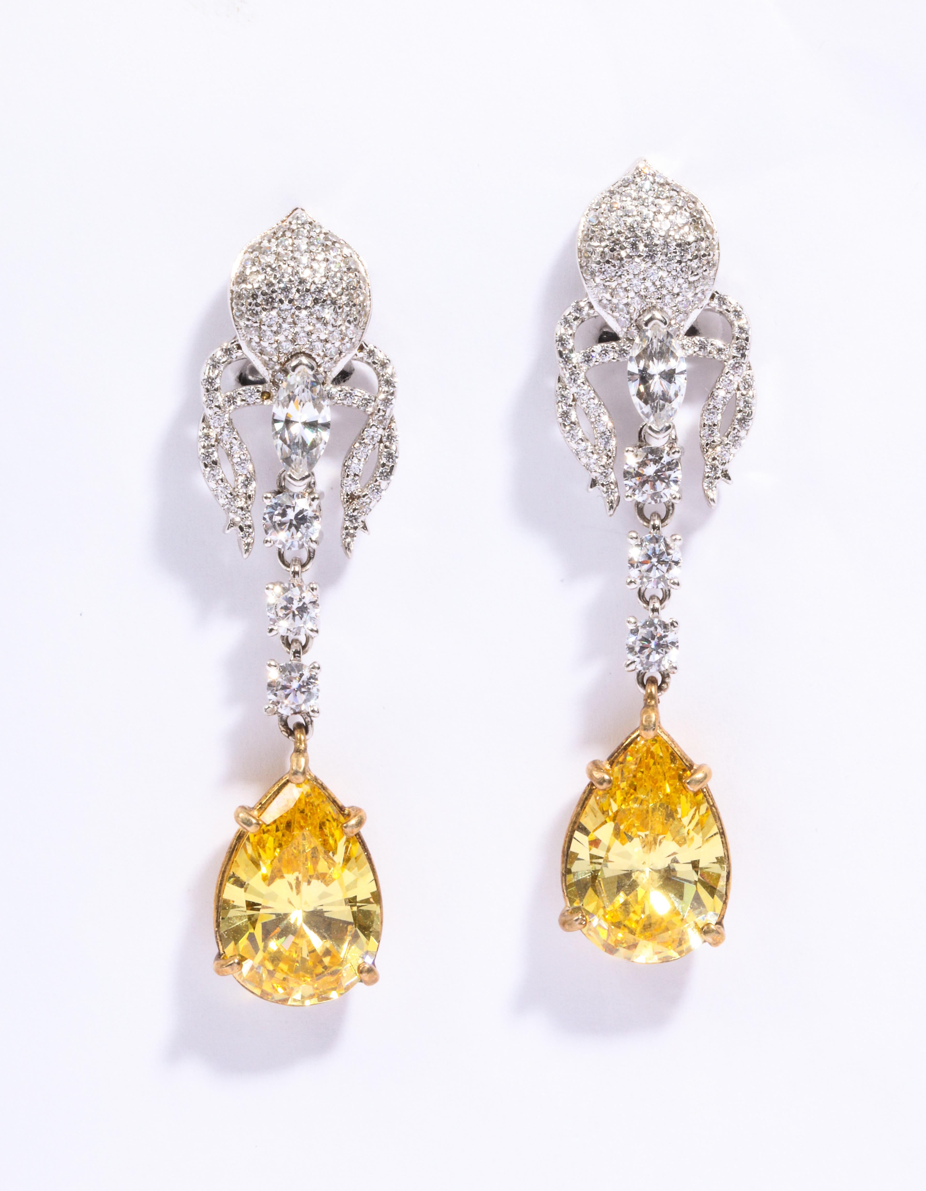 Elegant Canary Yellow And White Cubic Zirconia Sterling Silver Clip Post Earrings measure 21/4 inches long