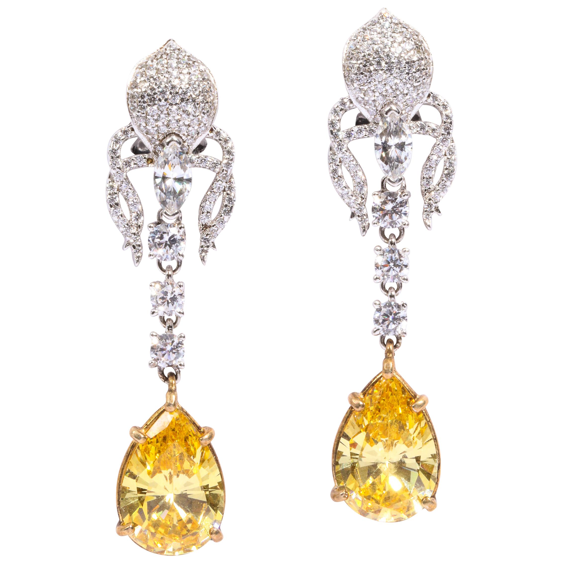Elegant Canary Yellow Cubic Zirconia Sterling Silver Clip Post Dangling Earrings