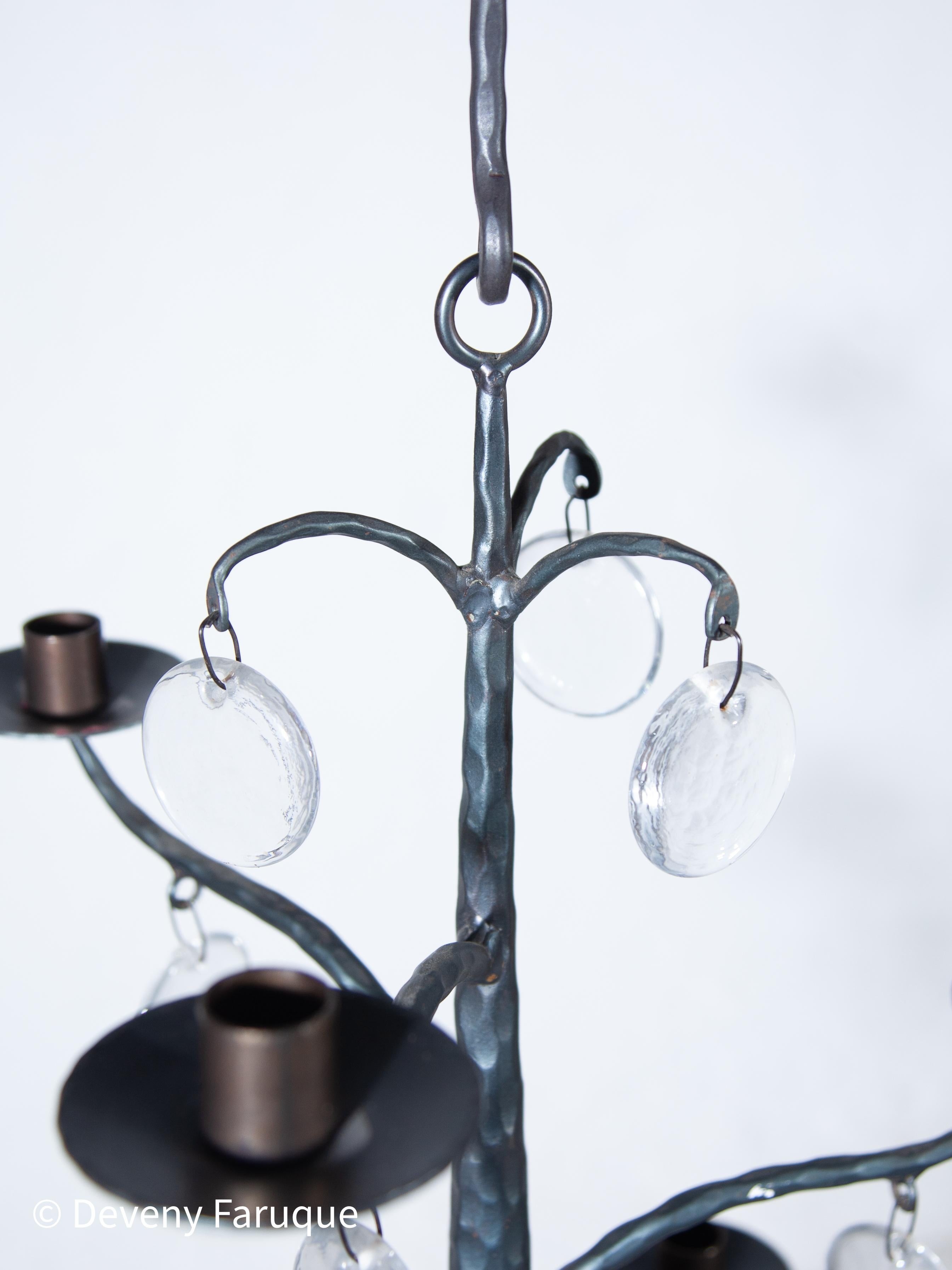 Elegant Candle Chandelier Hand-forged with 6 arms candles and glass, Sweden For Sale 3