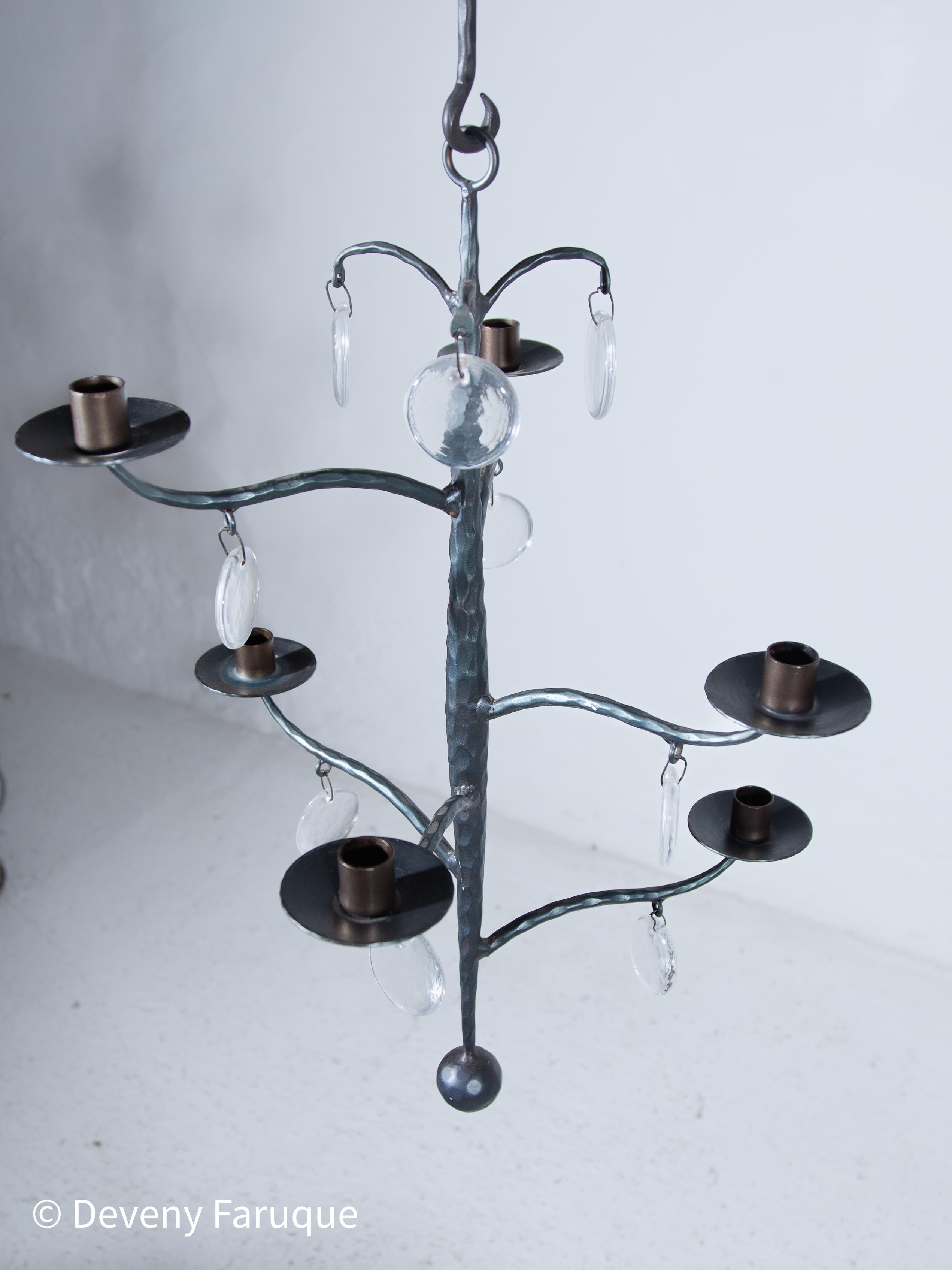 Elegant Candle Chandelier Hand-forged with 6 arms candles and glass, Sweden For Sale 4