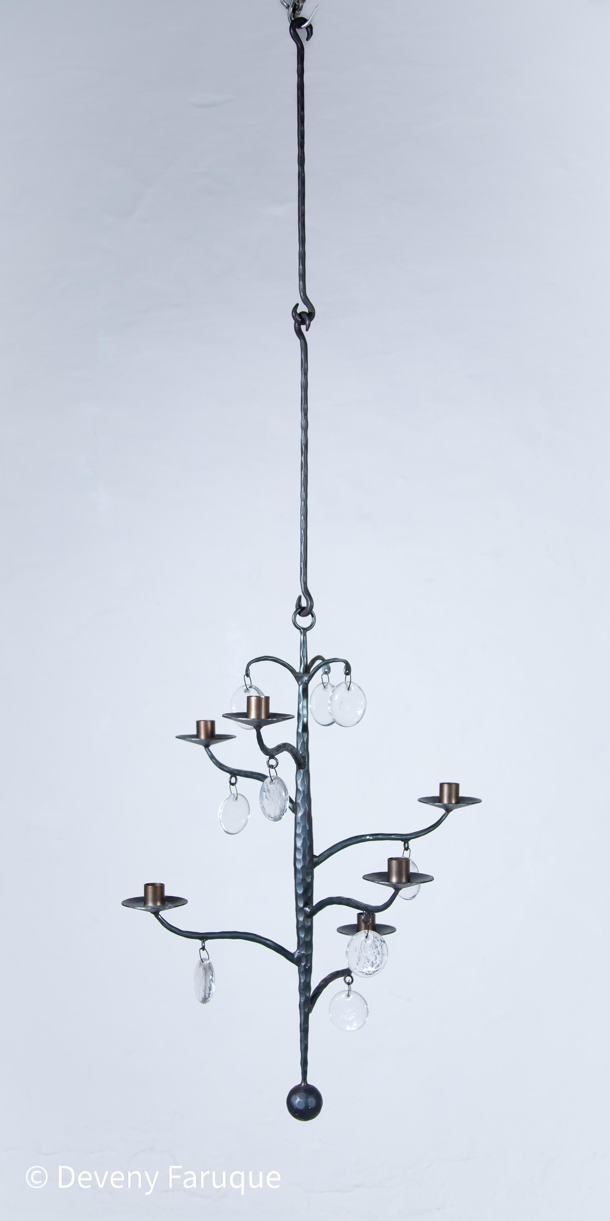 Scandinavian Modern Elegant Candle Chandelier Hand-forged with 6 arms candles and glass, Sweden For Sale