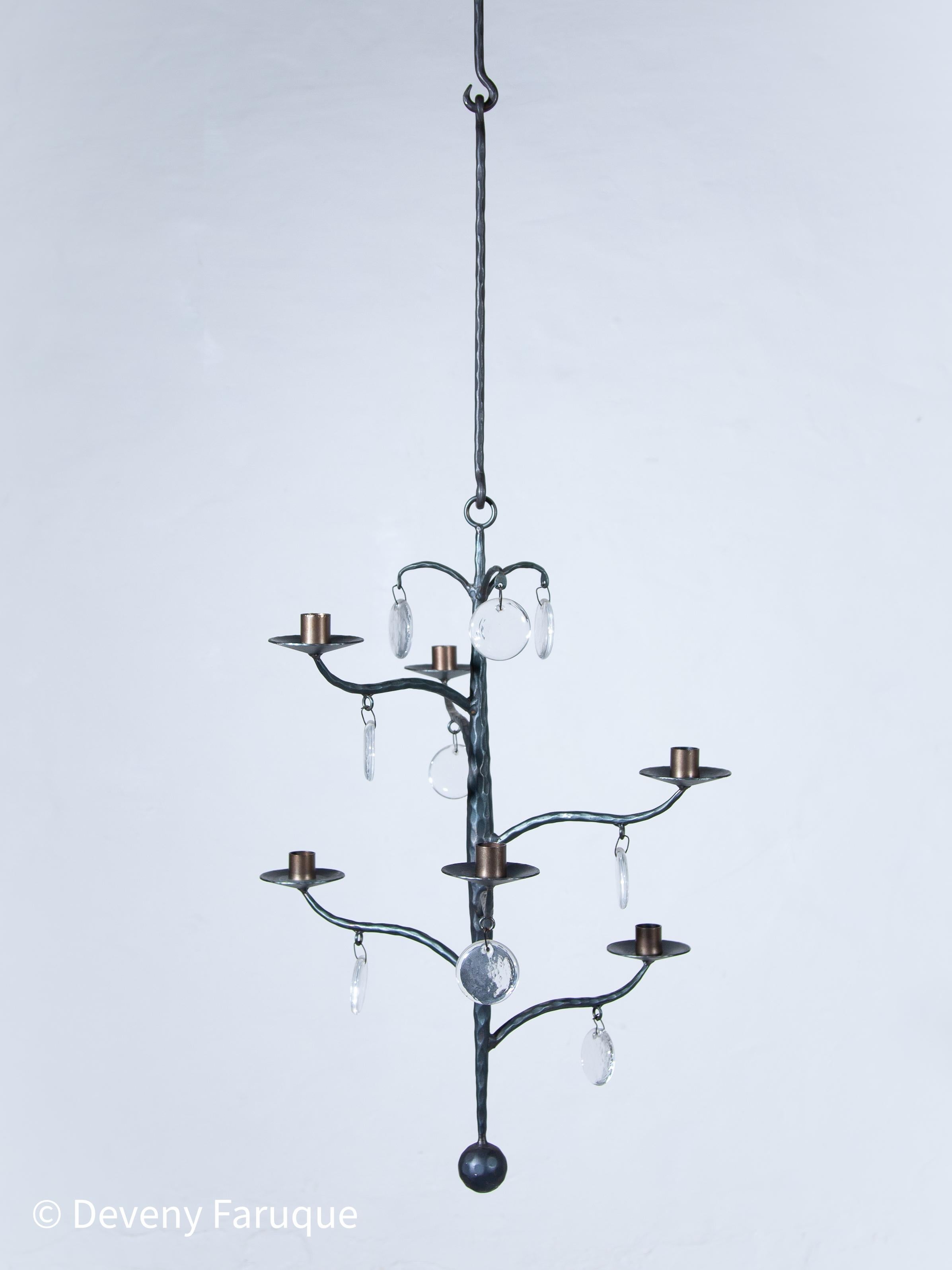 Swedish Elegant Candle Chandelier Hand-forged with 6 arms candles and glass, Sweden For Sale