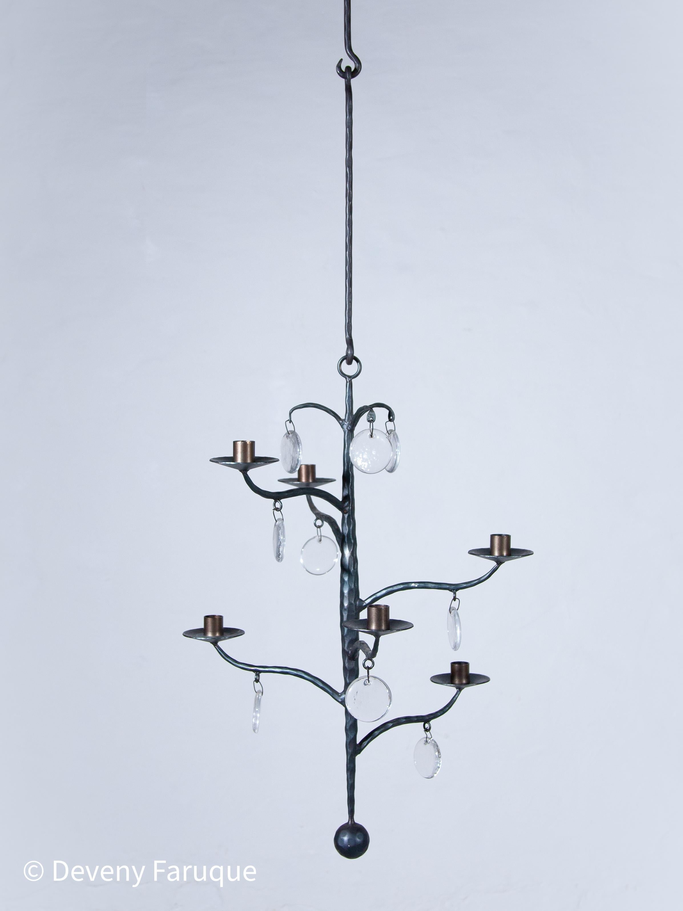 Elegant Candle Chandelier Hand-forged with 6 arms candles and glass, Sweden In Good Condition For Sale In Antwerp, BE