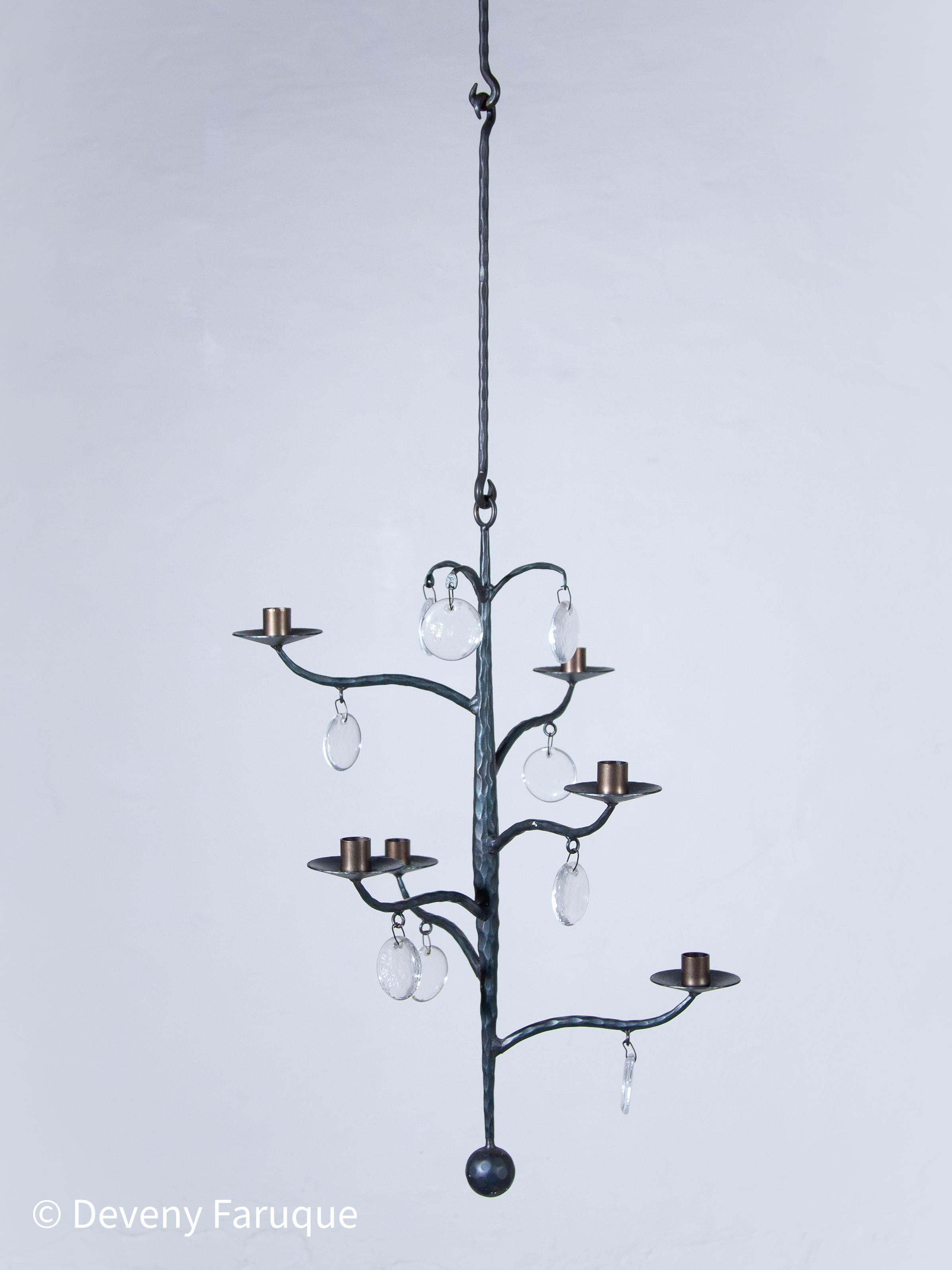 Late 20th Century Elegant Candle Chandelier Hand-forged with 6 arms candles and glass, Sweden For Sale