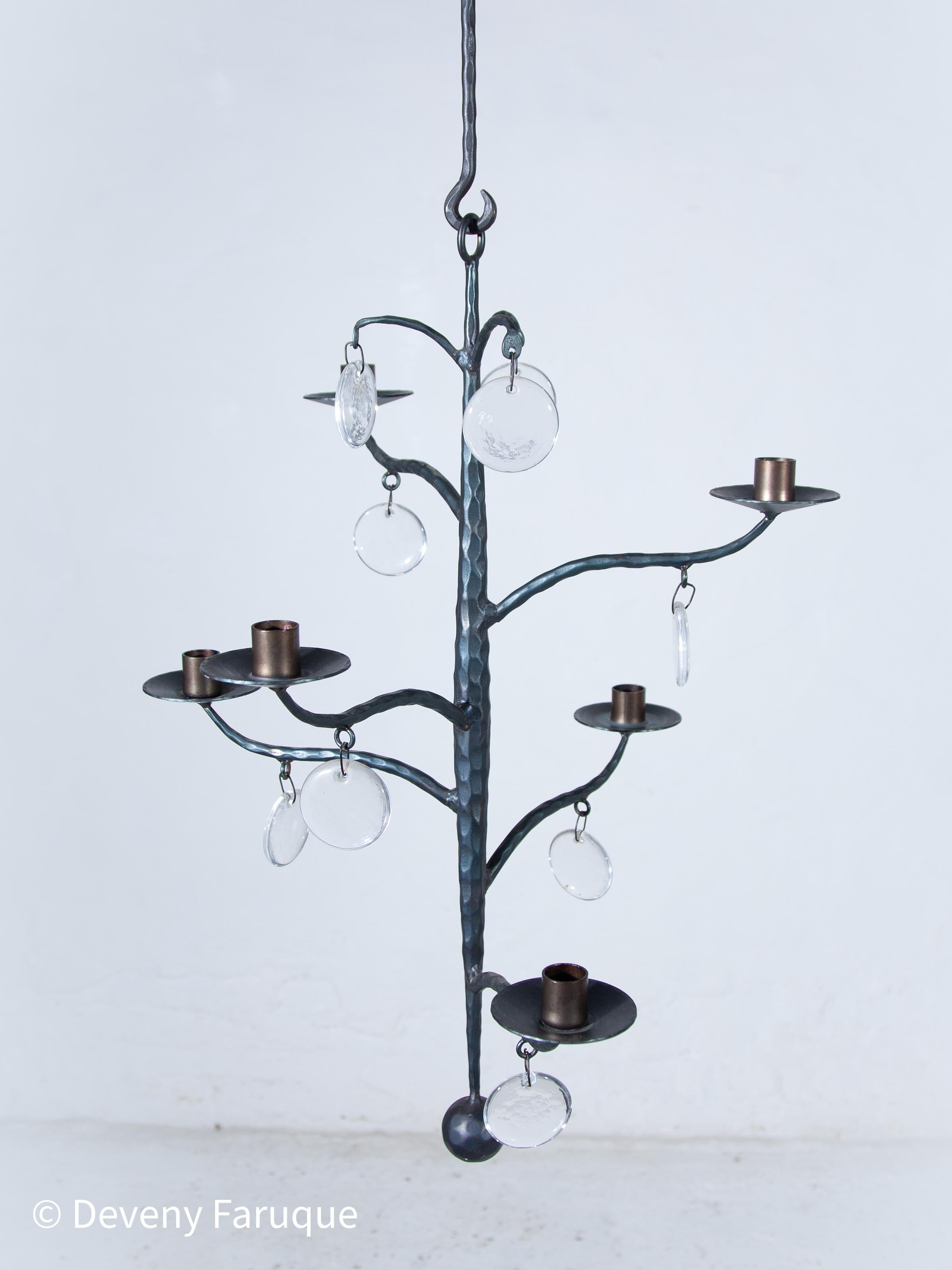 Art Glass Elegant Candle Chandelier Hand-forged with 6 arms candles and glass, Sweden For Sale