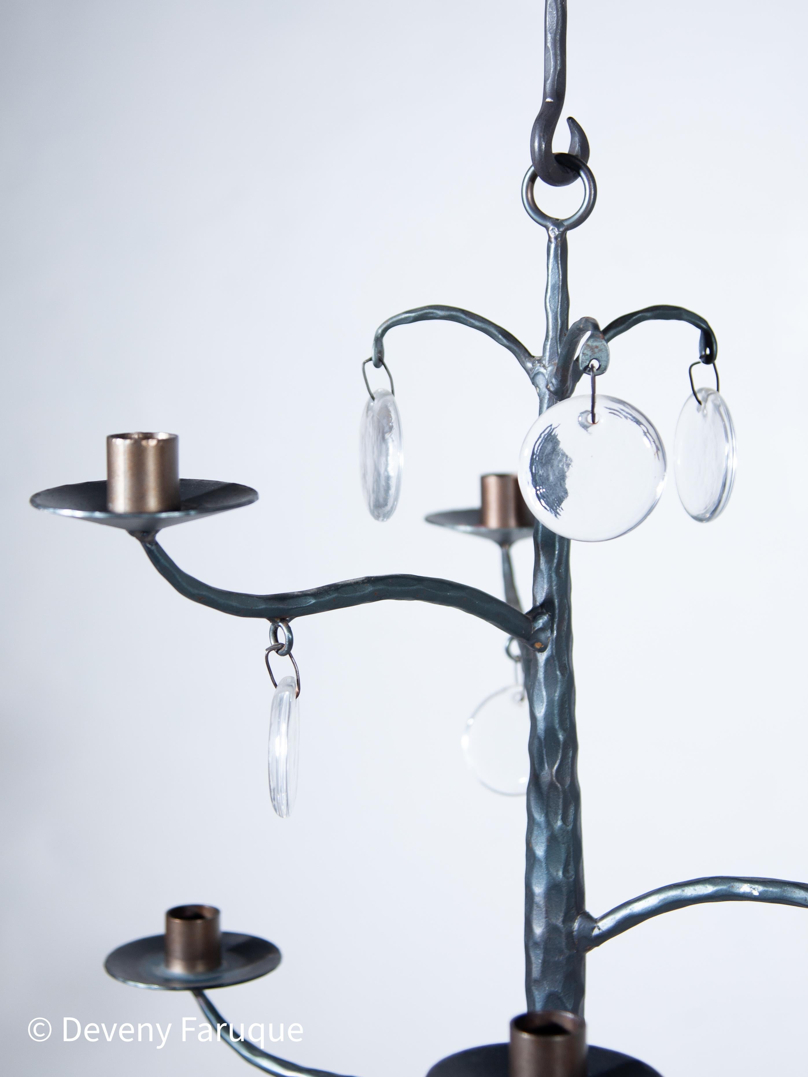 Elegant Candle Chandelier Hand-forged with 6 arms candles and glass, Sweden For Sale 1