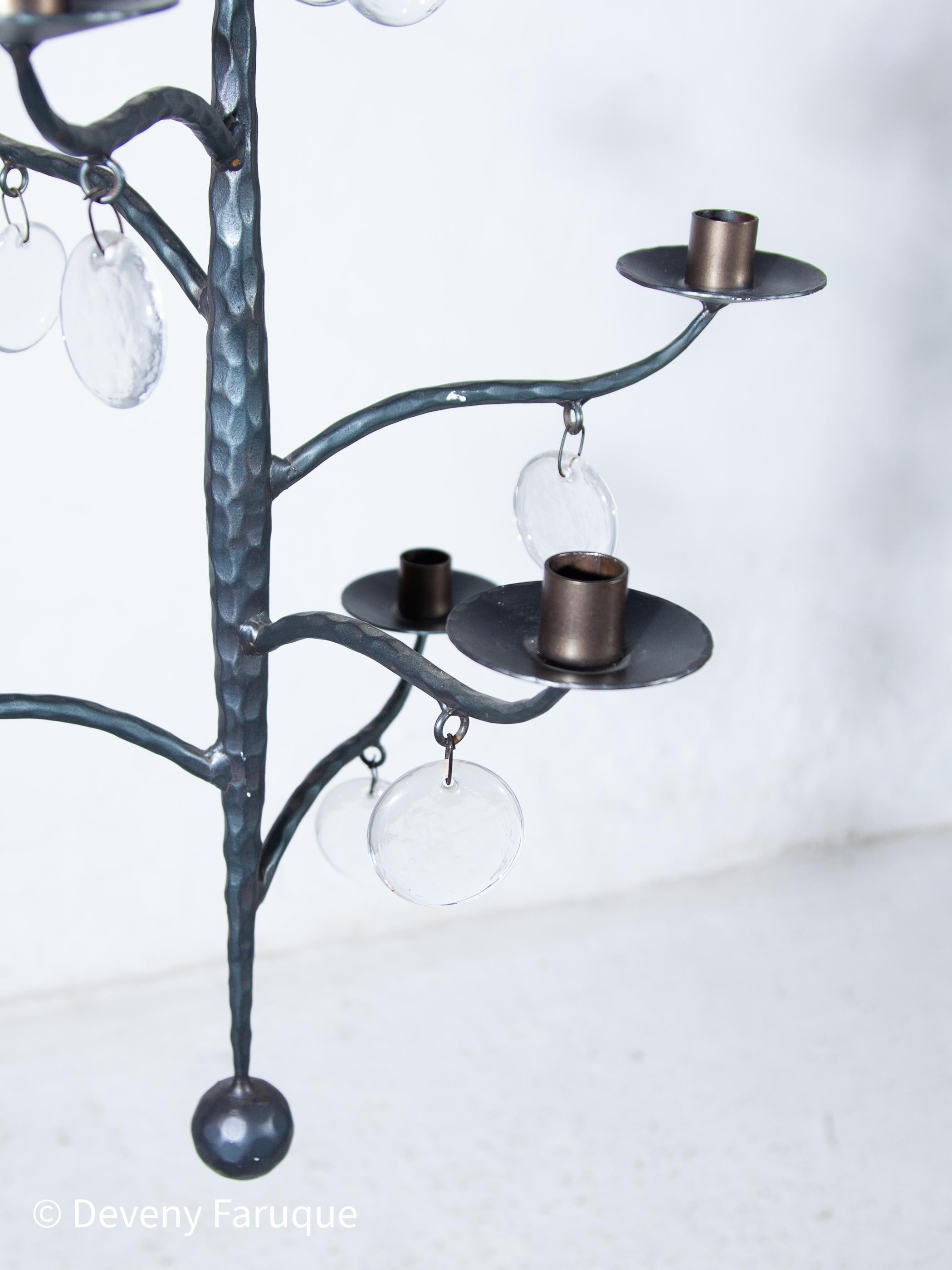 Elegant Candle Chandelier Hand-forged with 6 arms candles and glass, Sweden For Sale 2