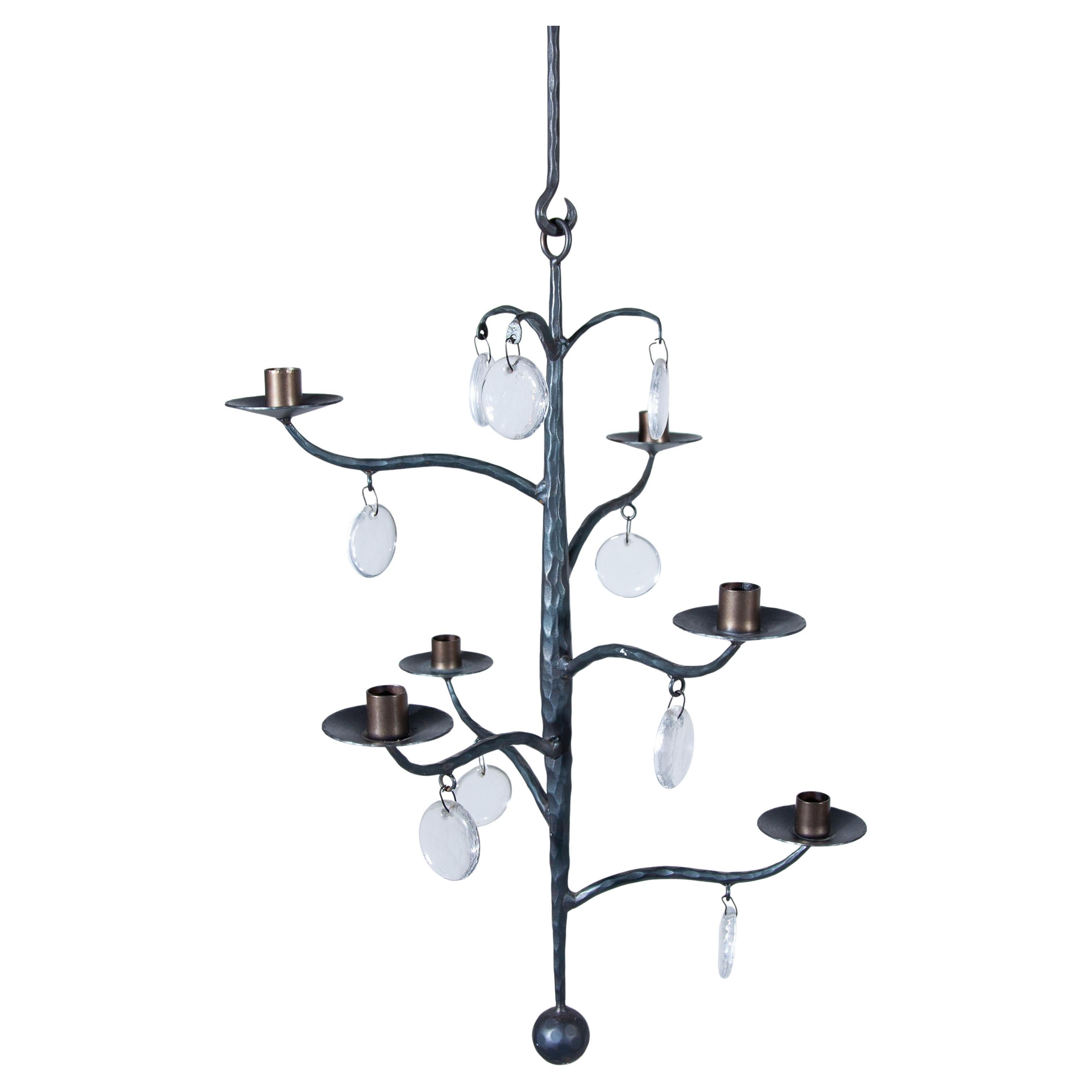 Elegant Candle Chandelier Hand-forged with 6 arms candles and glass, Sweden For Sale