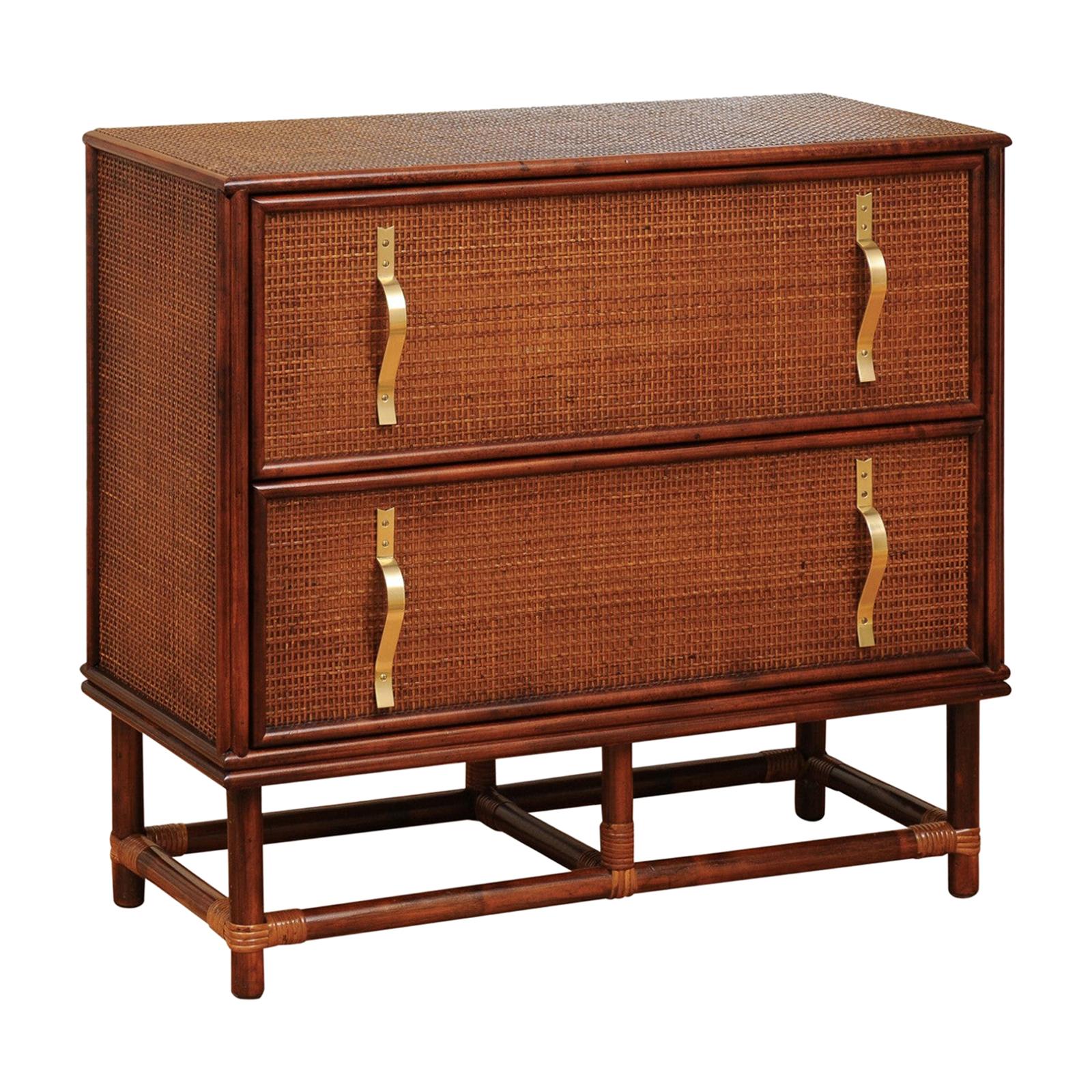 Elegant Caramel Cane and Brass Commode by Tommi Parzinger- Pair Available For Sale