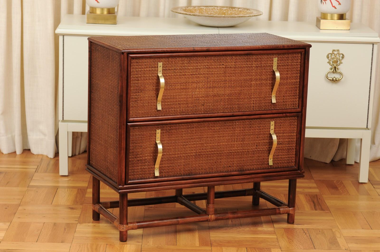 Mid-Century Modern Elegant Caramel Cane and Brass Commode by Tommi Parzinger- Pair Available For Sale