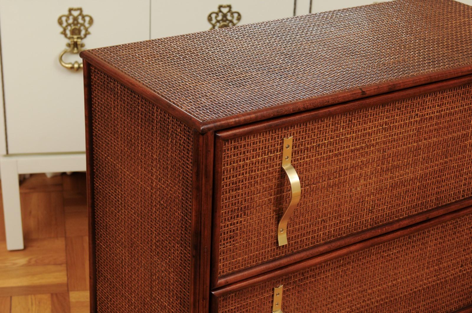 Mid-20th Century Elegant Caramel Cane and Brass Commode by Tommi Parzinger- Pair Available For Sale