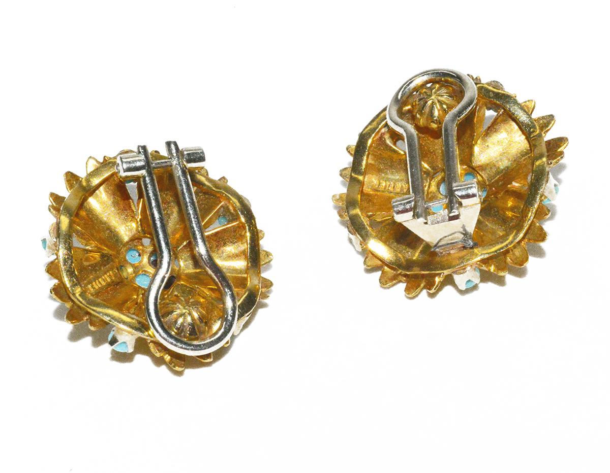 These. elegant 1960s Cartier 18K and turquoise earrings are the perfect size.  Can have a post put on easily.  