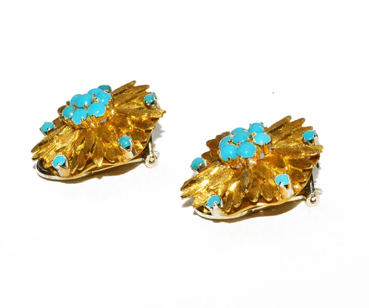 Elegant Cartier Gold and Turquoise Ear Clips In Excellent Condition In Teaneck, NJ