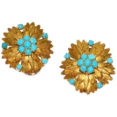 Elegant Cartier Gold and Turquoise Ear Clips