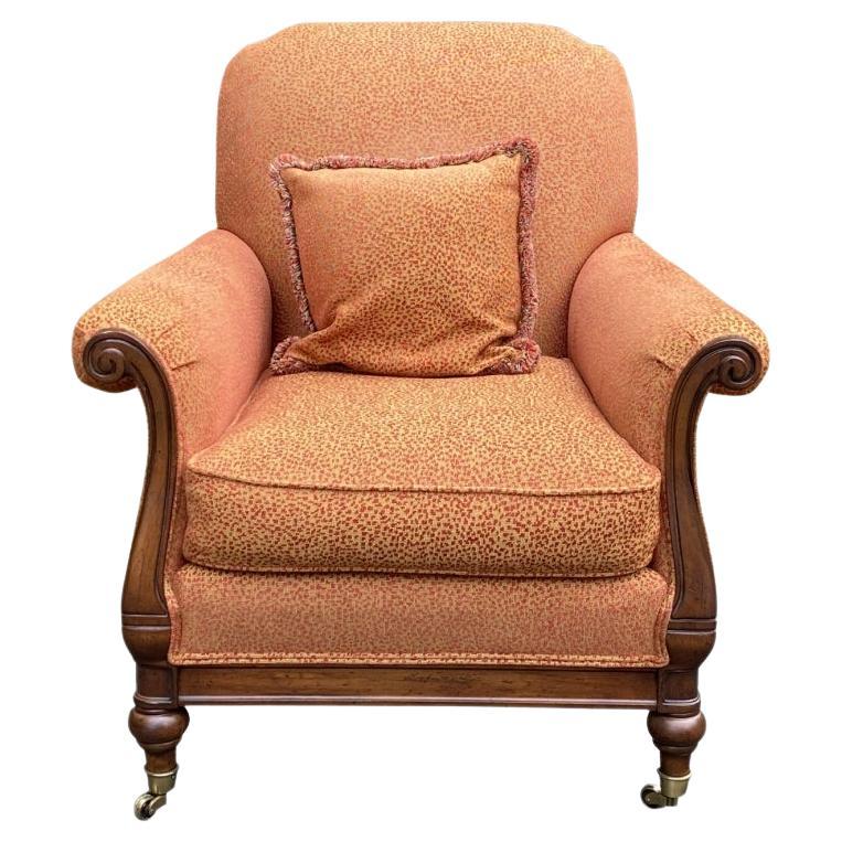 Elegant Carved Armchair In Tweed Upholstery For Sale