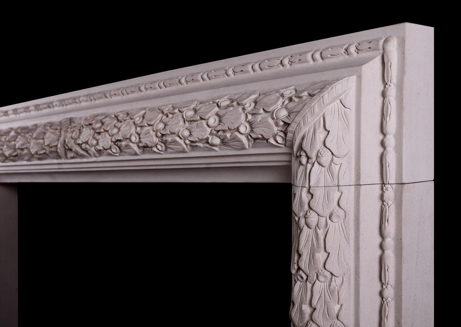 Queen Anne Elegant Carved Bolection Fireplace in Limestone For Sale