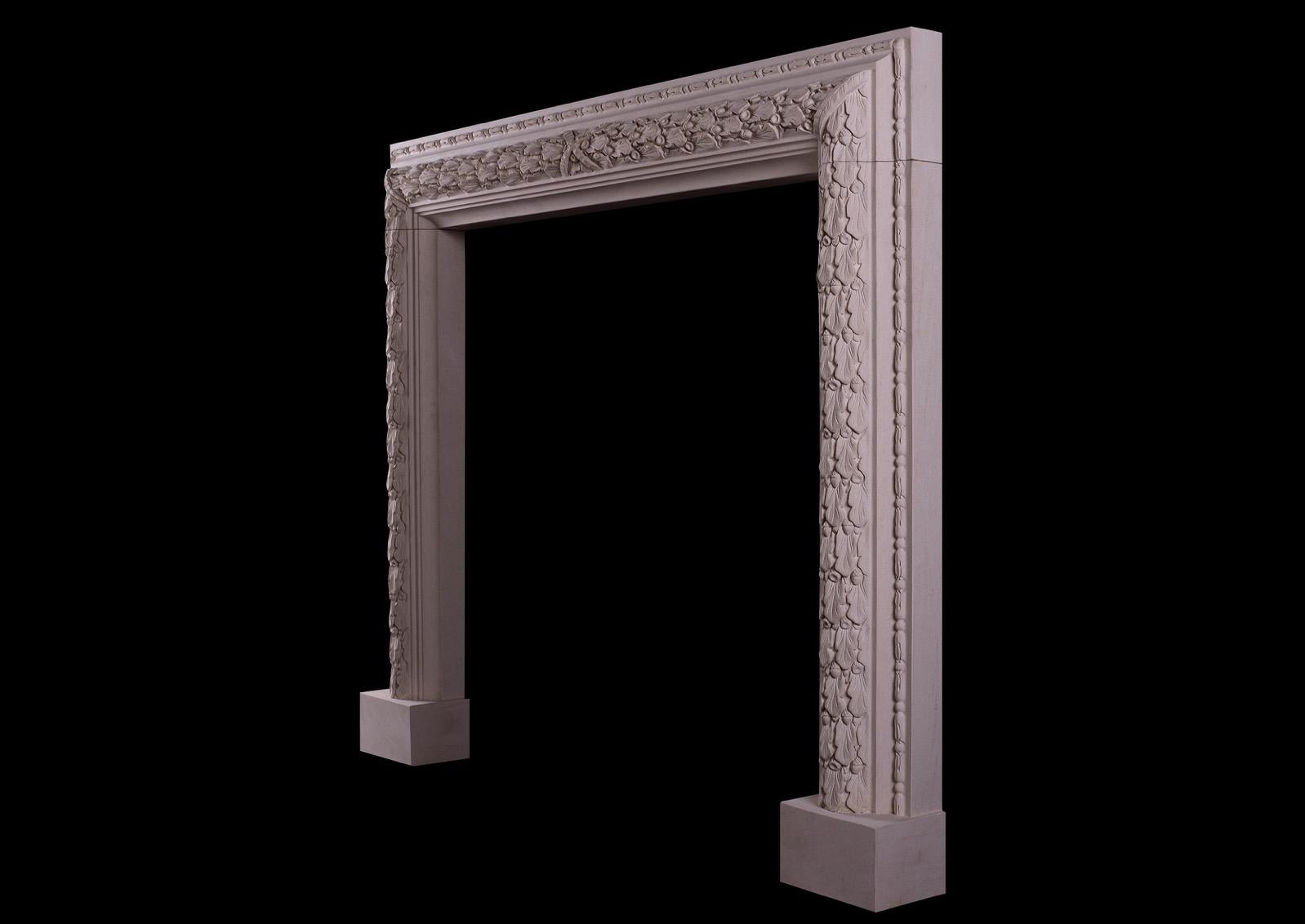 English Elegant Carved Bolection Fireplace in Limestone For Sale