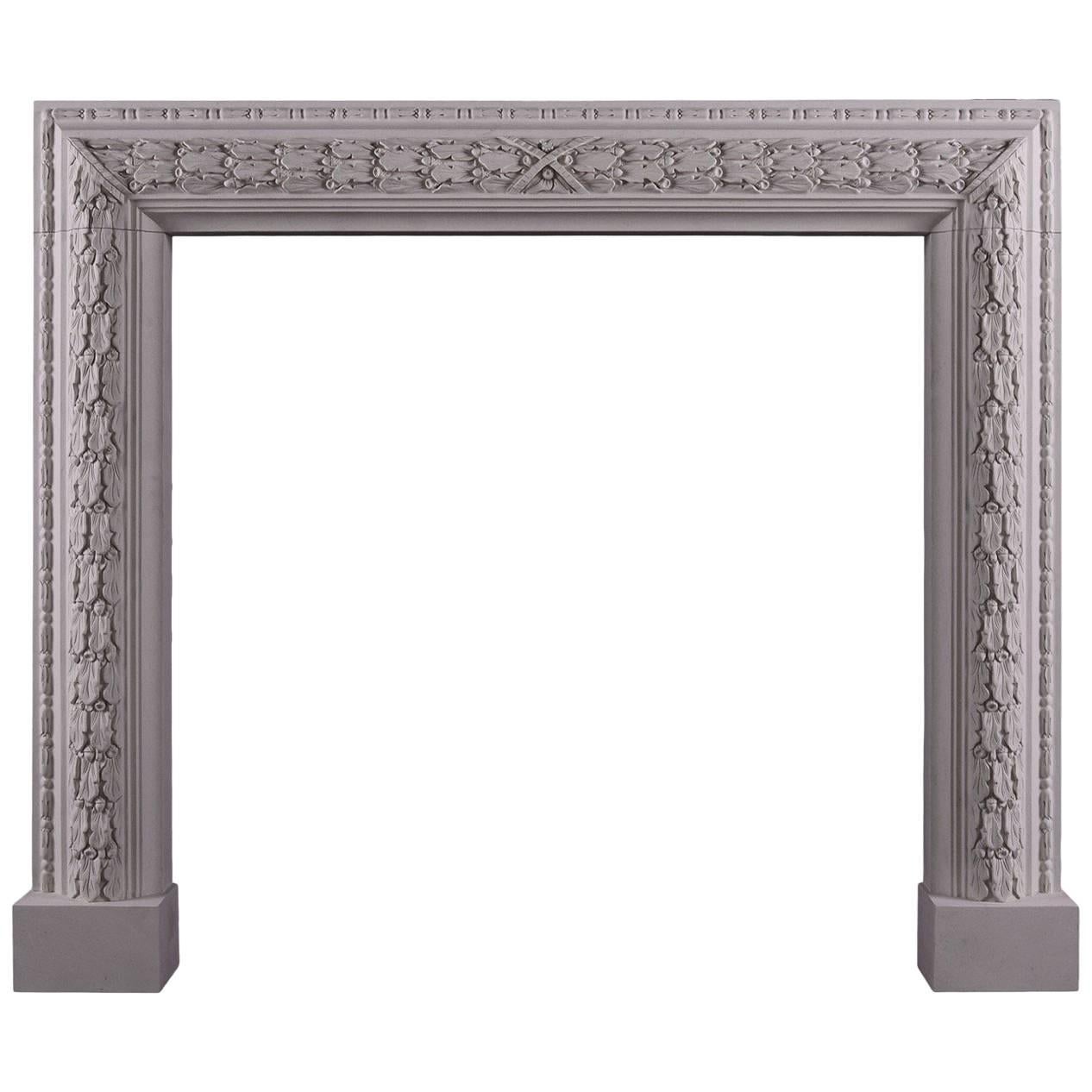 Elegant Carved Bolection Fireplace in Limestone For Sale