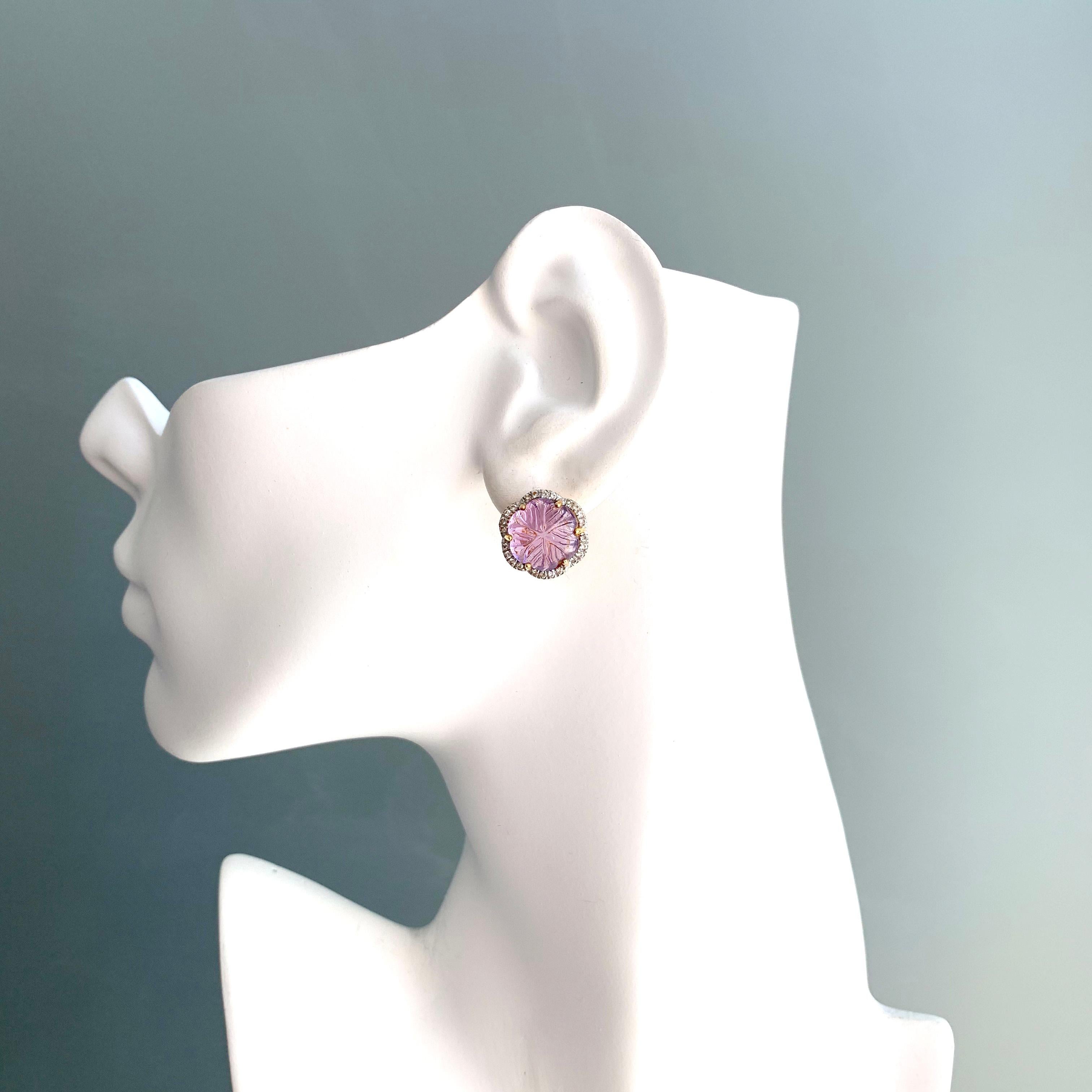 Contemporary Elegant Carved Cabochon Amethyst Flower Button Earrings