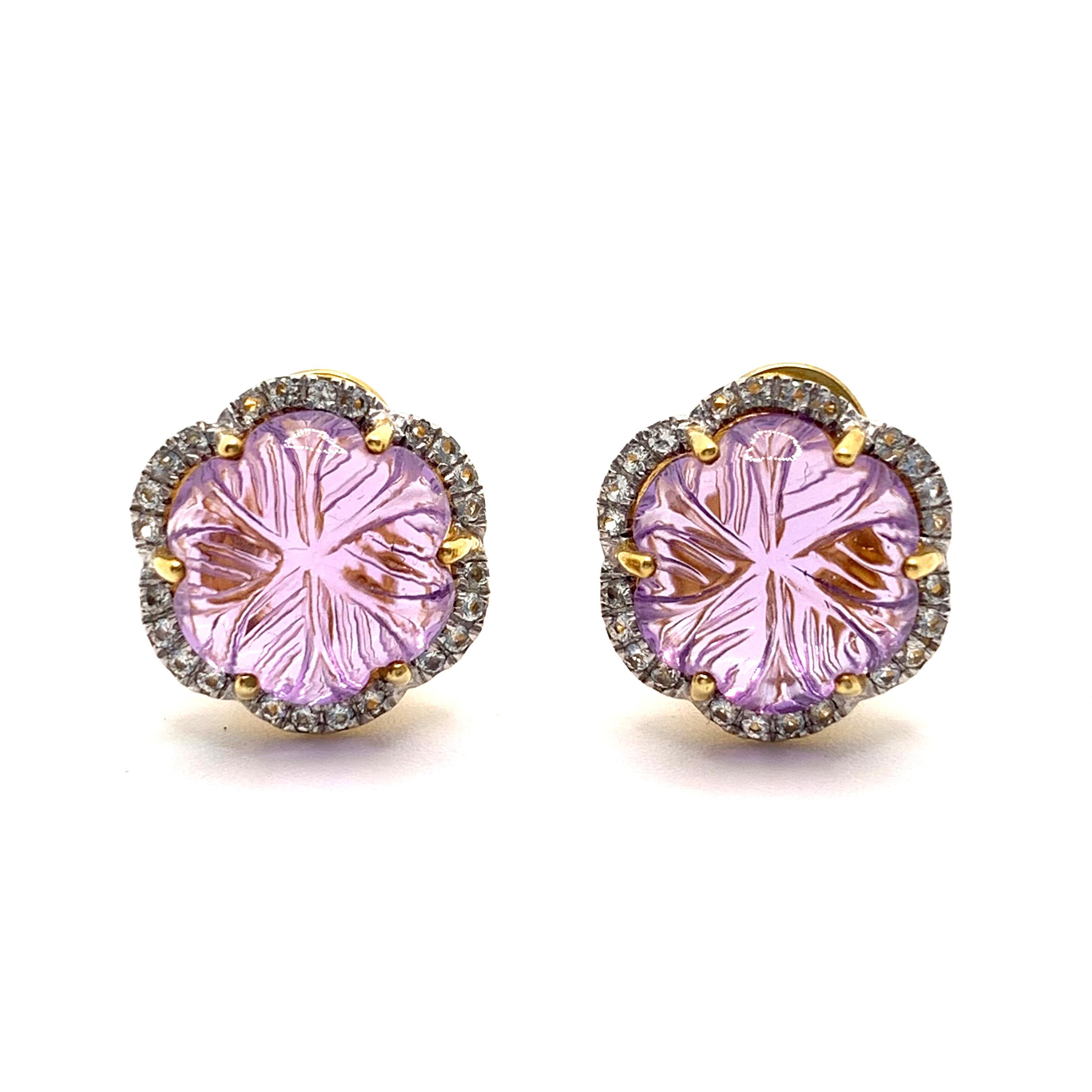 Women's Elegant Carved Cabochon Amethyst Flower Button Earrings For Sale