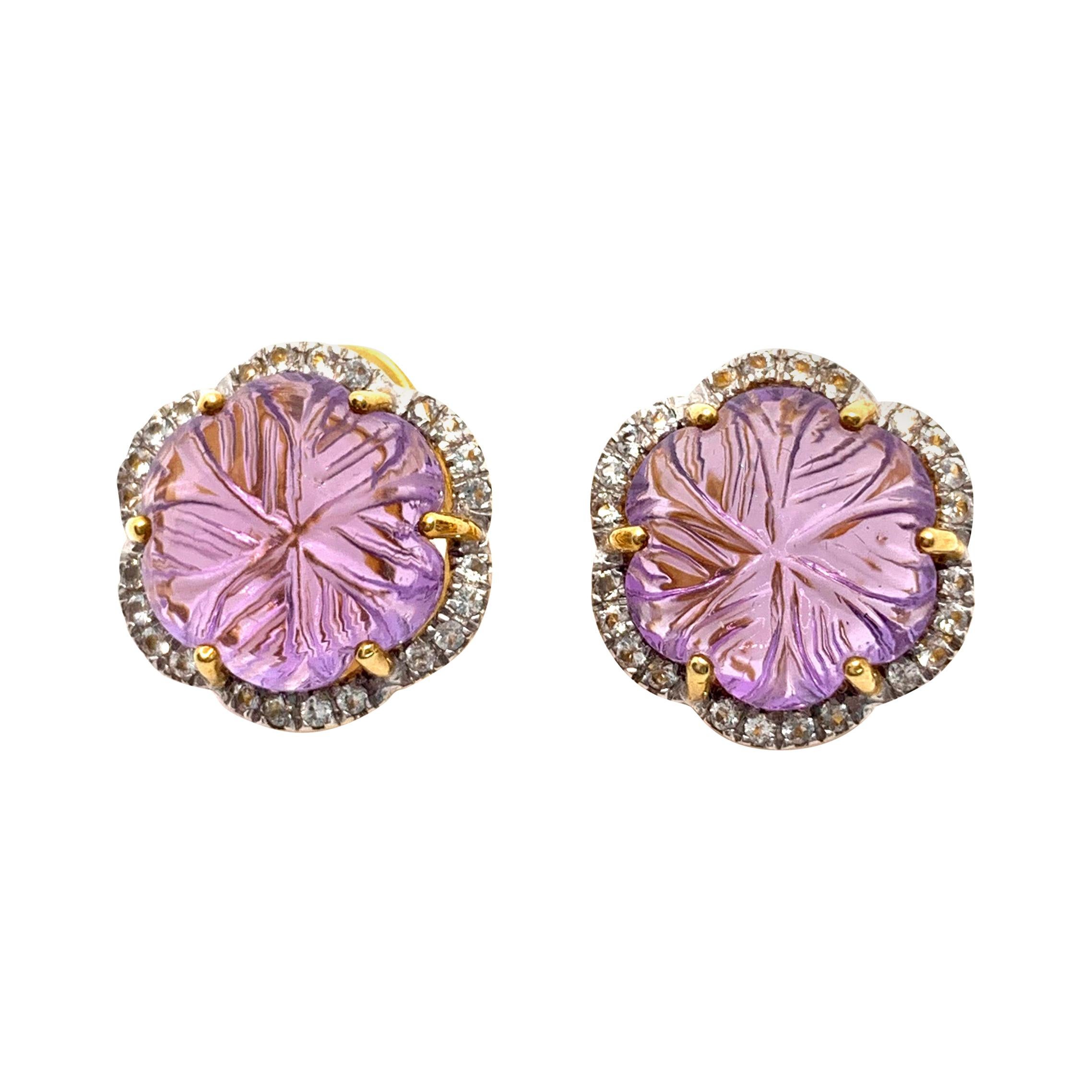 Elegant Carved Cabochon Amethyst Flower Button Earrings For Sale