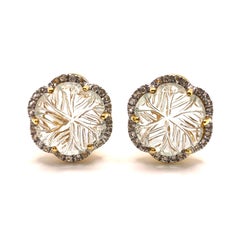 Elegant Carved Cabochon Prasiolite Flower Button Earrings