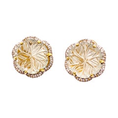 Elegant Carved Cabochon Prasiolite Flower Button Earrings