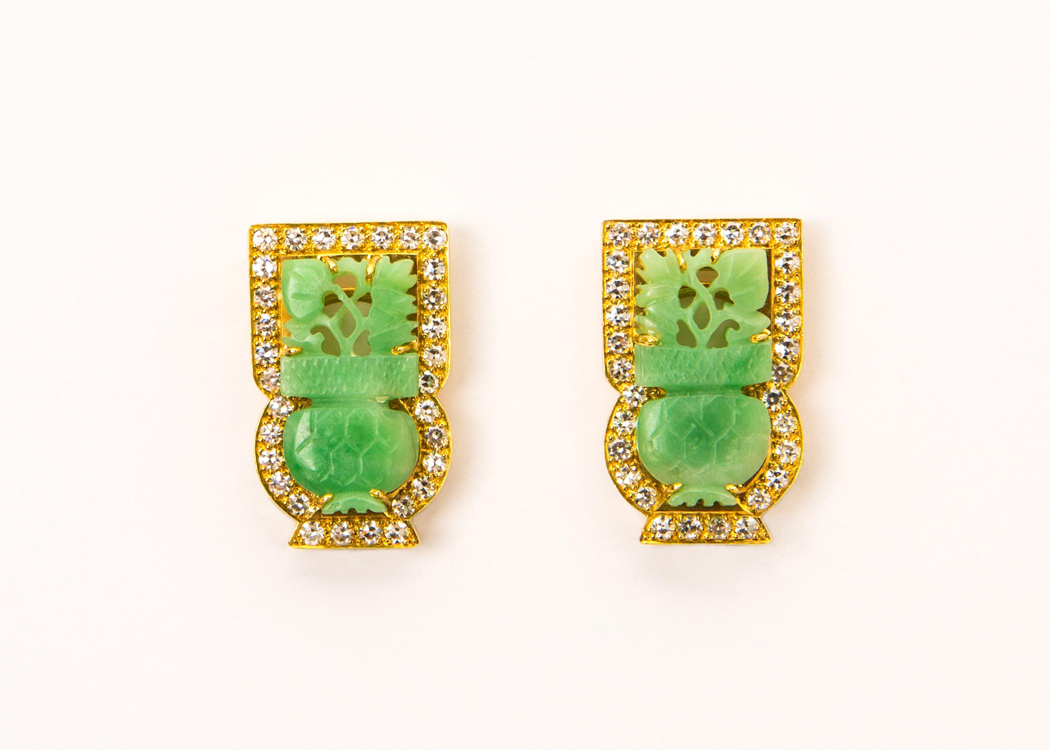 Contemporary Elegant Carved Jade Diamond Gold Earrings For Sale