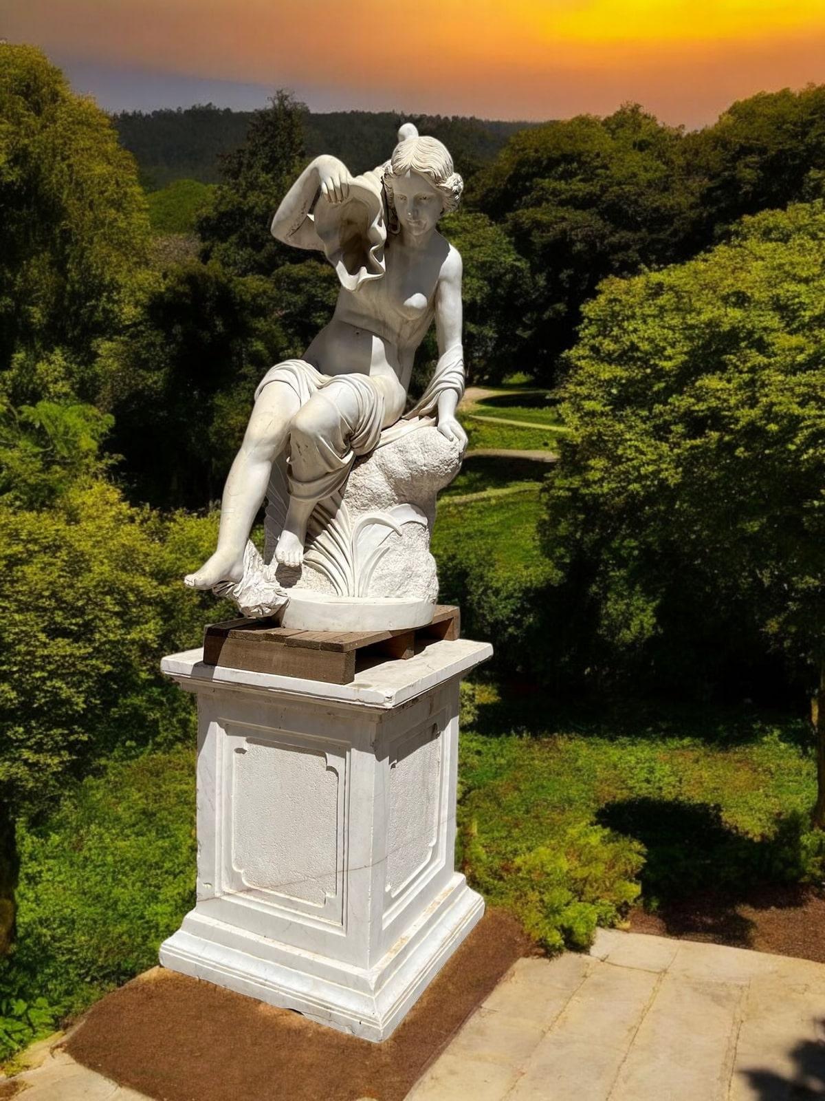 Elegant Carved Marble Fountain with Female Figure Holding a Shell For Sale 1