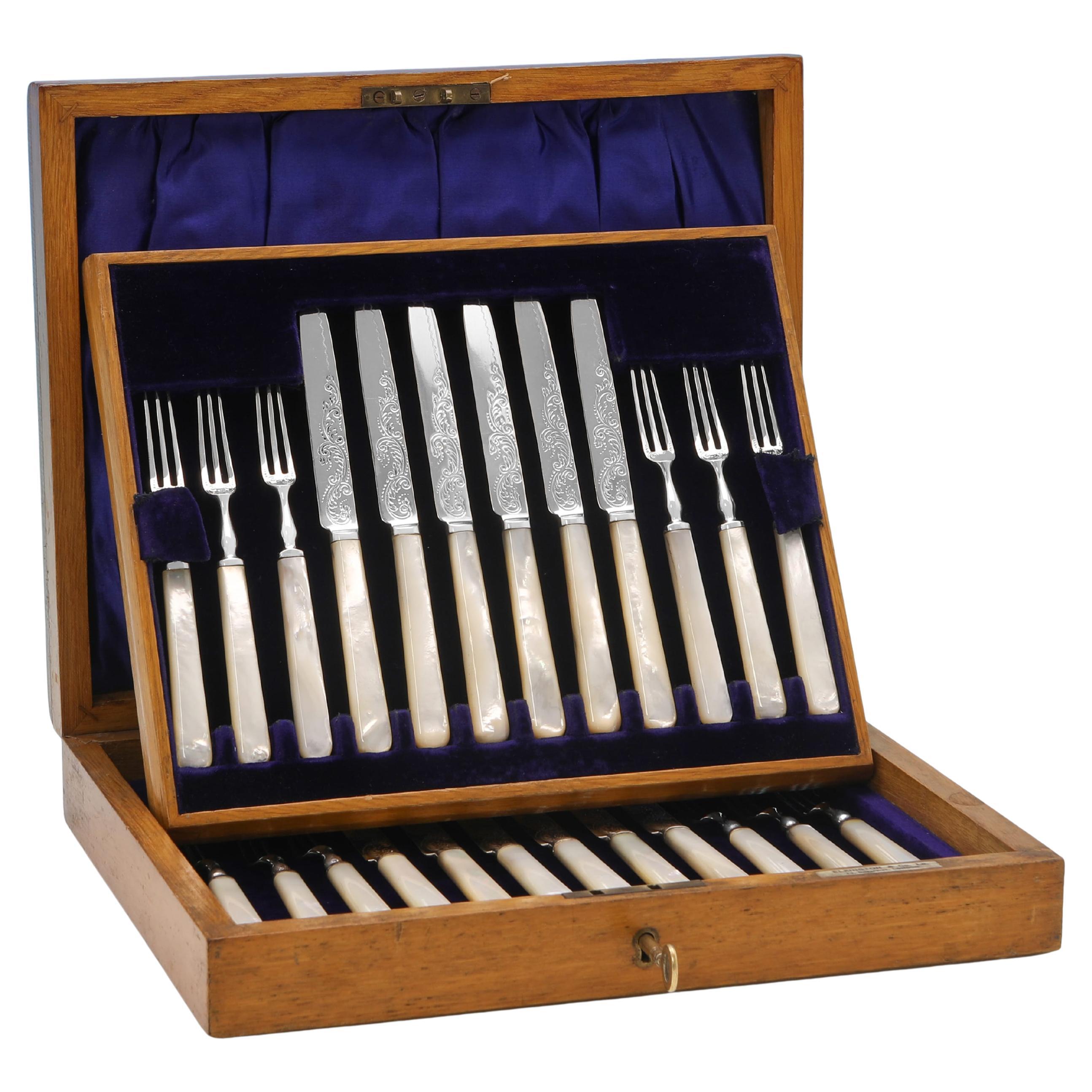 Elegant Cased Sterling Silver
Mother of Pearl Dessert Set, Elkington, 1904