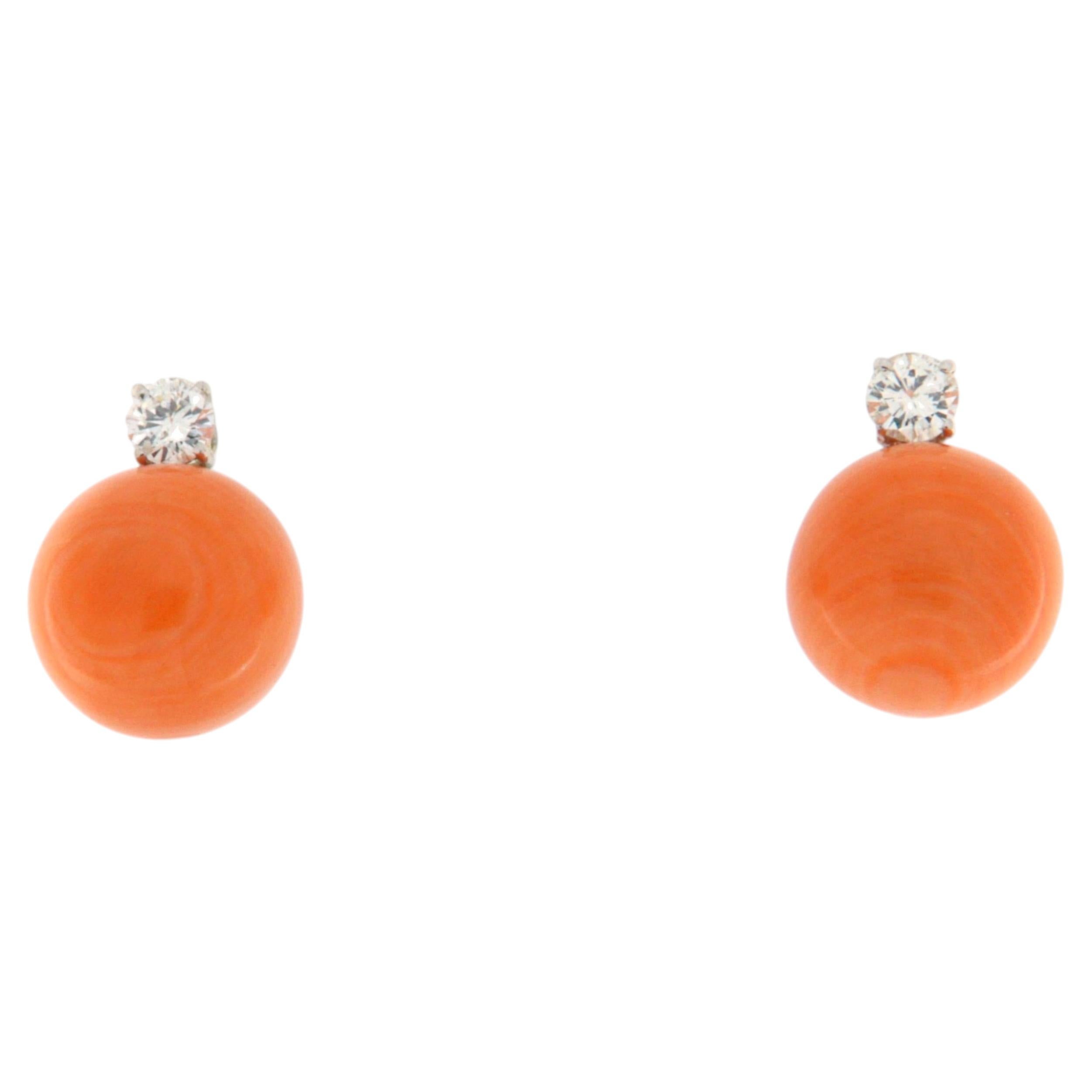 Contemporary Coral Diamond Stud Earrings 18k White Gold Prong Setting For Sale