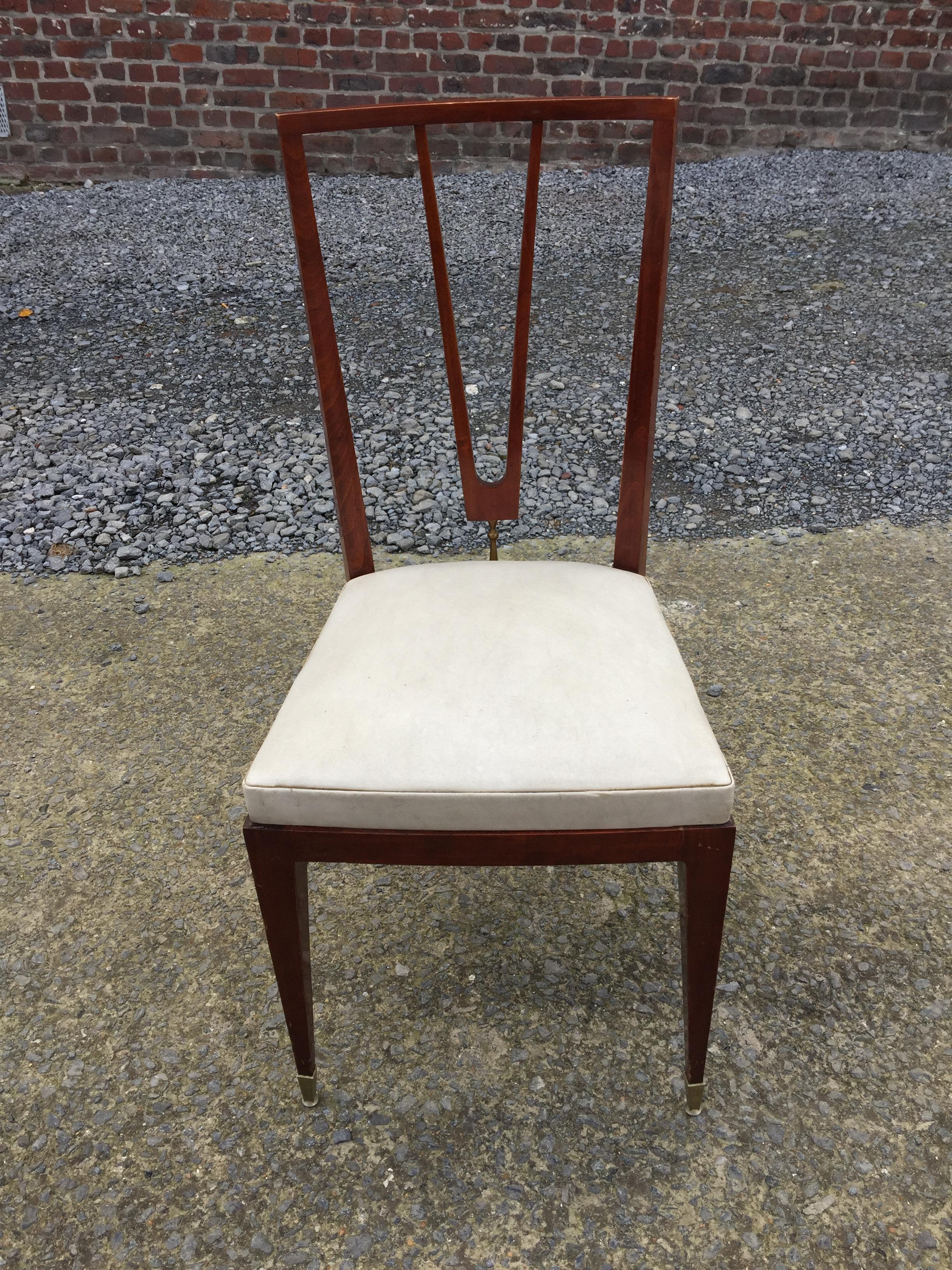 European Elegant Chair in Stained Beech and Brass, France or Italy, circa 1940 For Sale