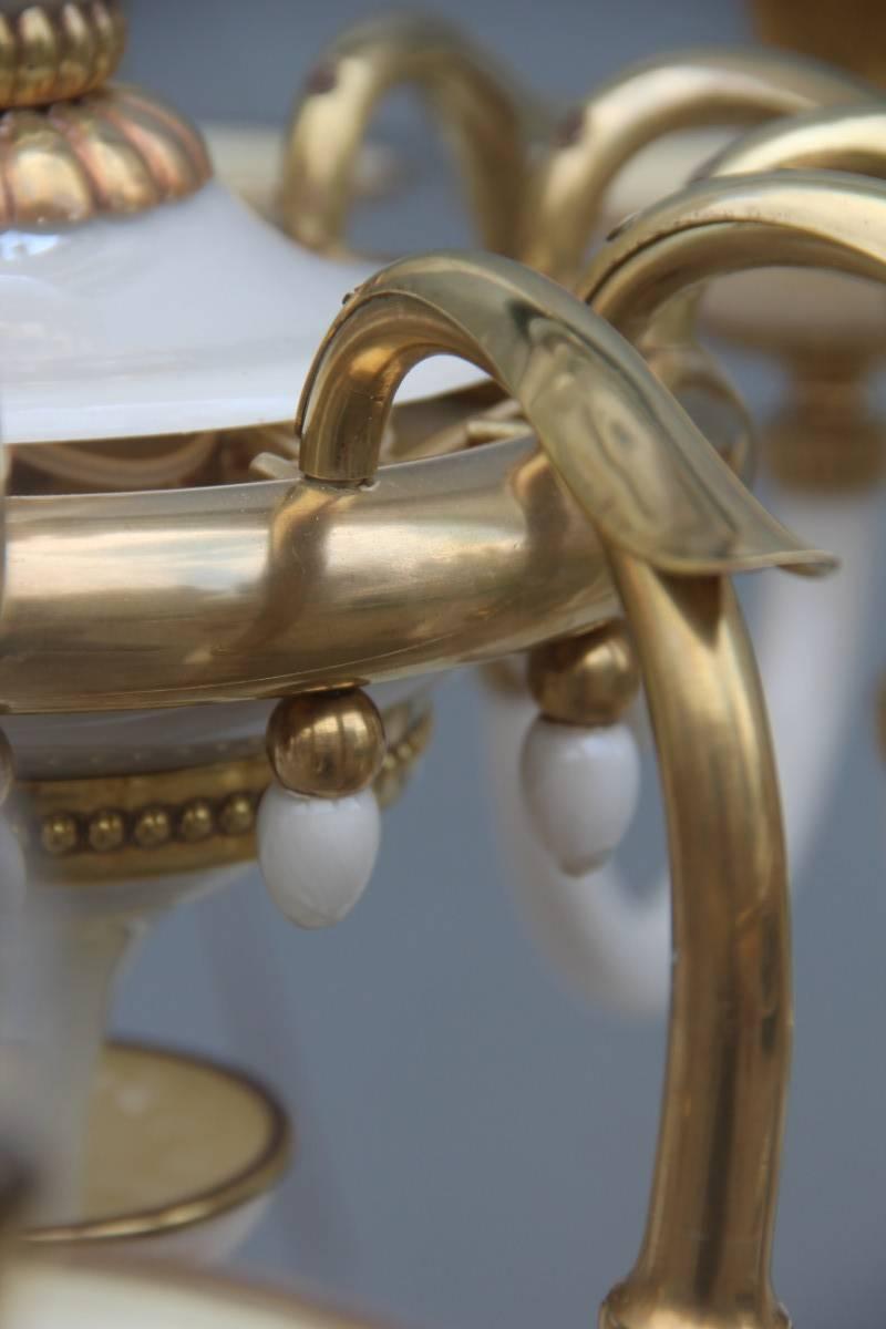 Elegant Chandelier in Opal Glass and 1950s Italian Design Brass For Sale 8