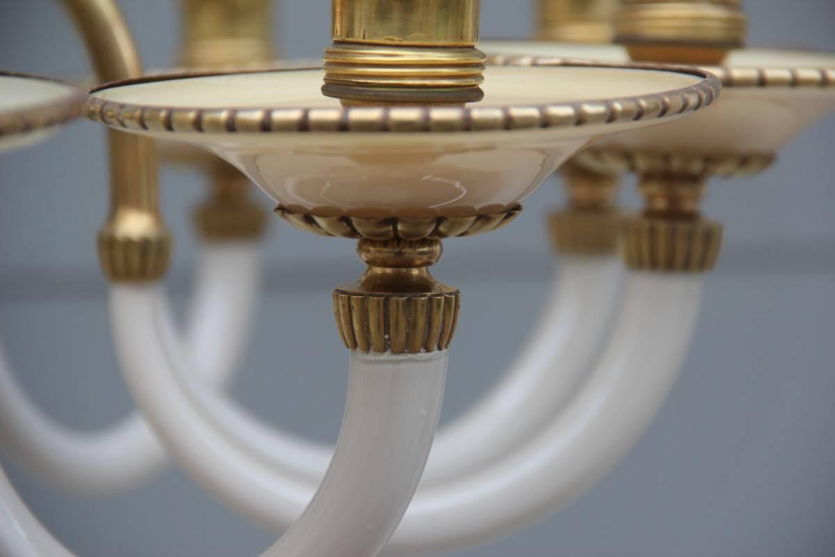 Mid-Century Modern Elegant Chandelier in Opal Glass and 1950s Italian Design Brass For Sale